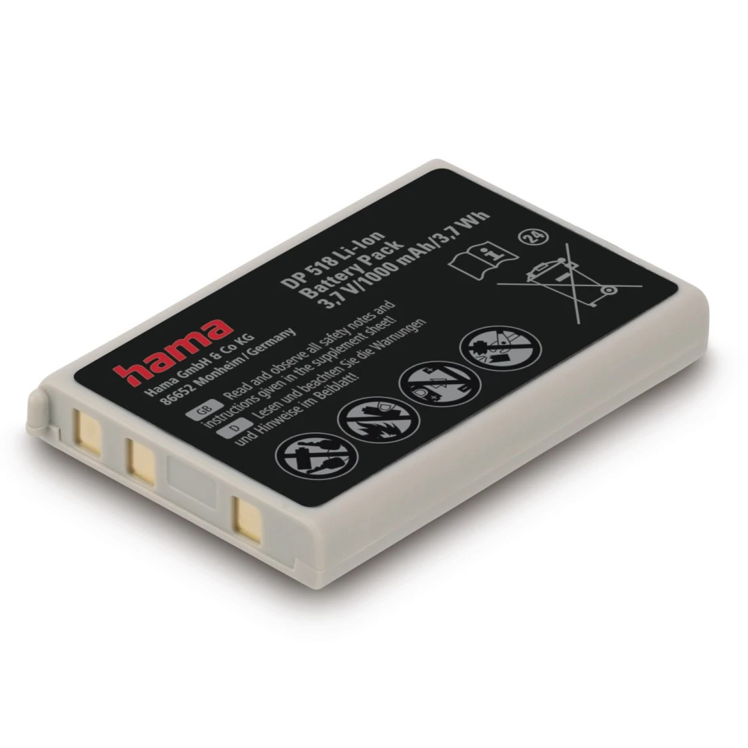 Hama DP 518 Li-Ion Akku, 3,7V/1000mAh. Warnsymbole aufgedruckt.