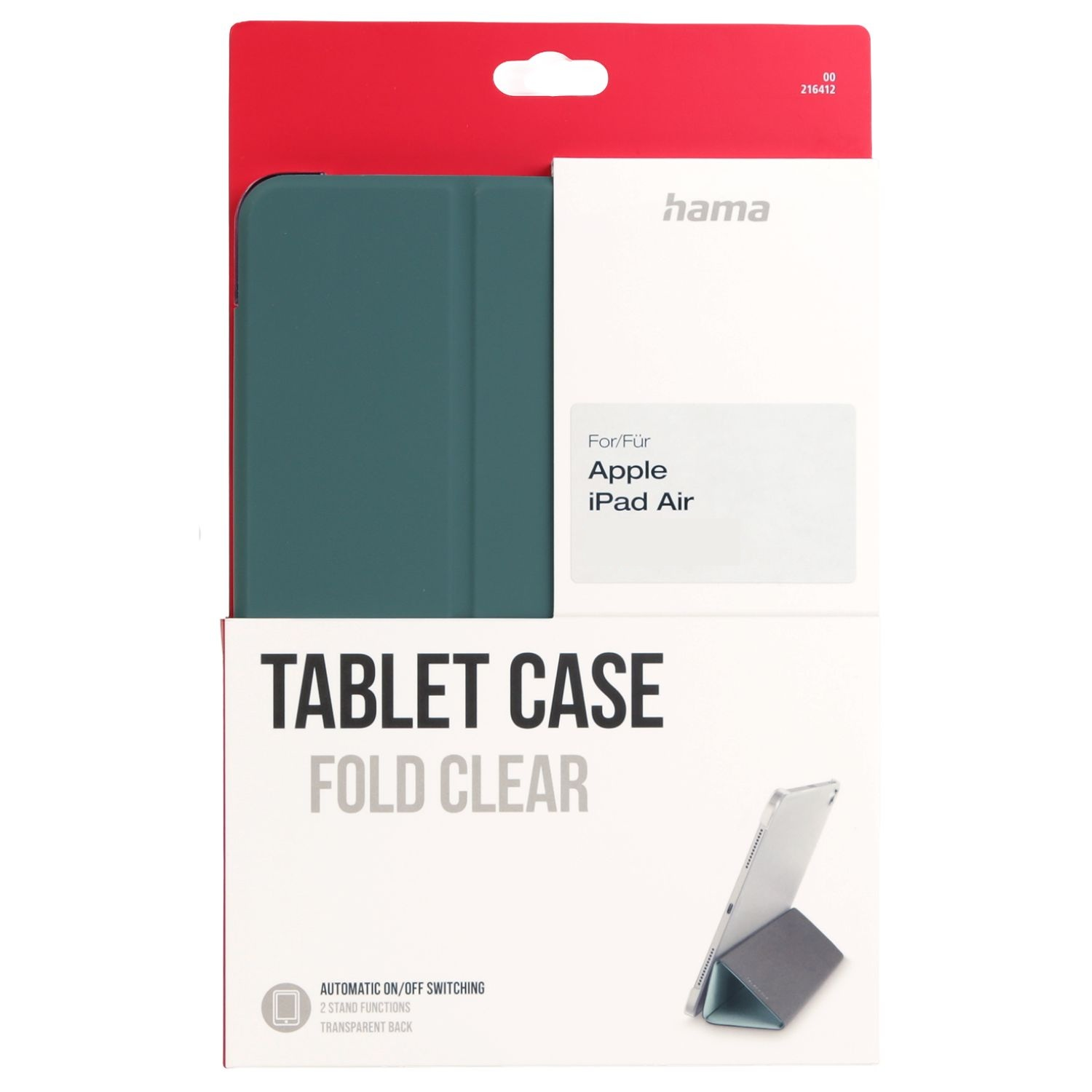 Verpackung einer grünen Hama Hülle für das Apple iPad Air mit Standfunktion.