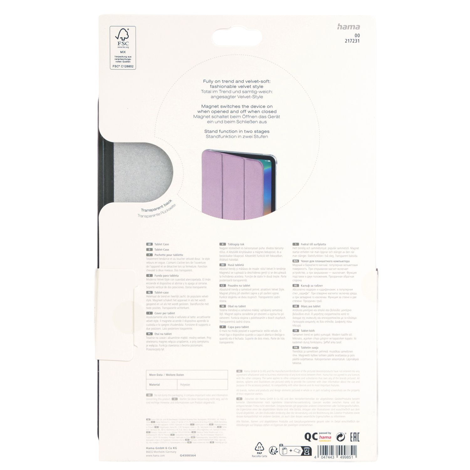 Hülle für ein Tablet mit Samt-Optik, Magnetfunktion und zwei Standfunktionen.