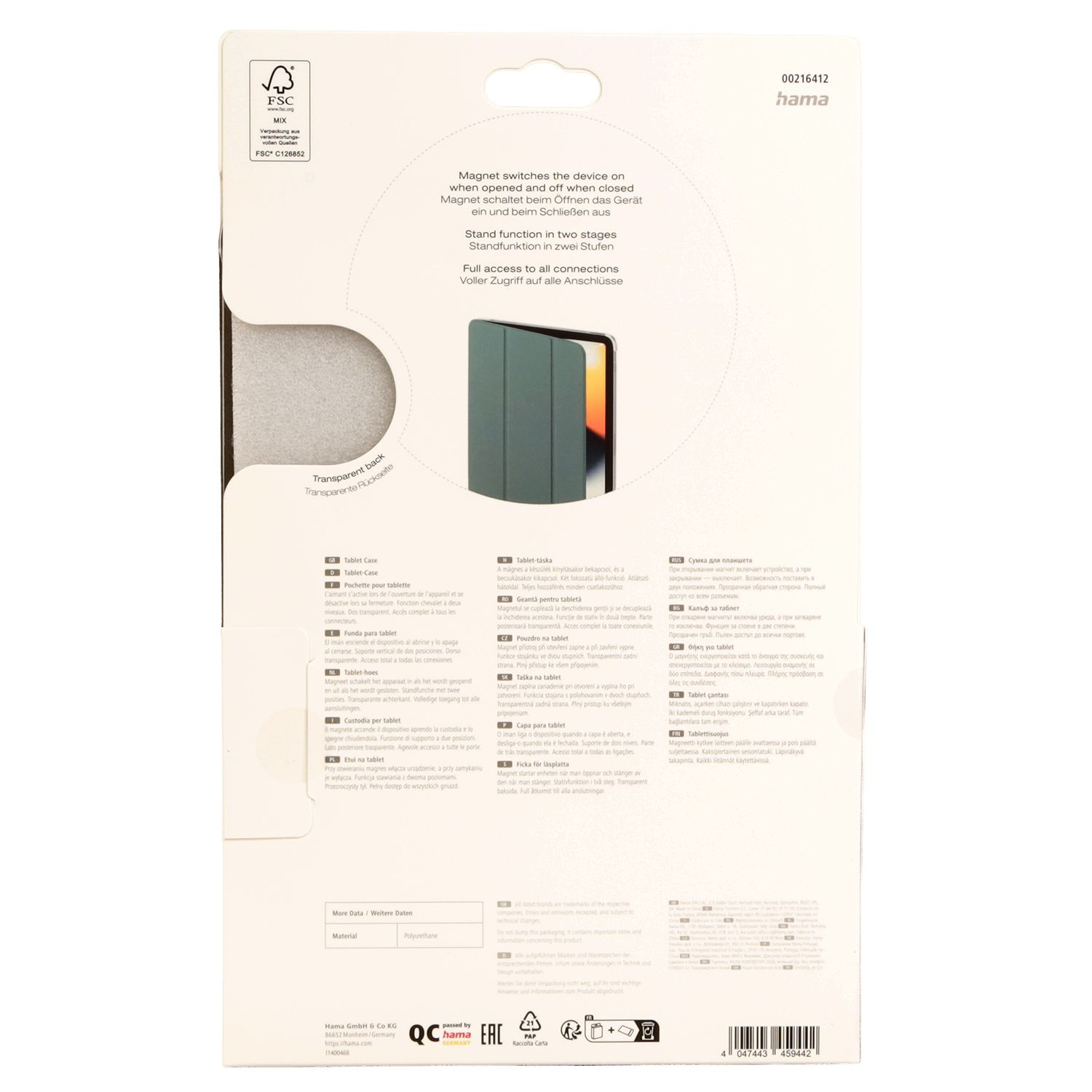 Hama Tablet-Hülle mit transparentem Rückteil, Magnetverschluss und Standfunktion.