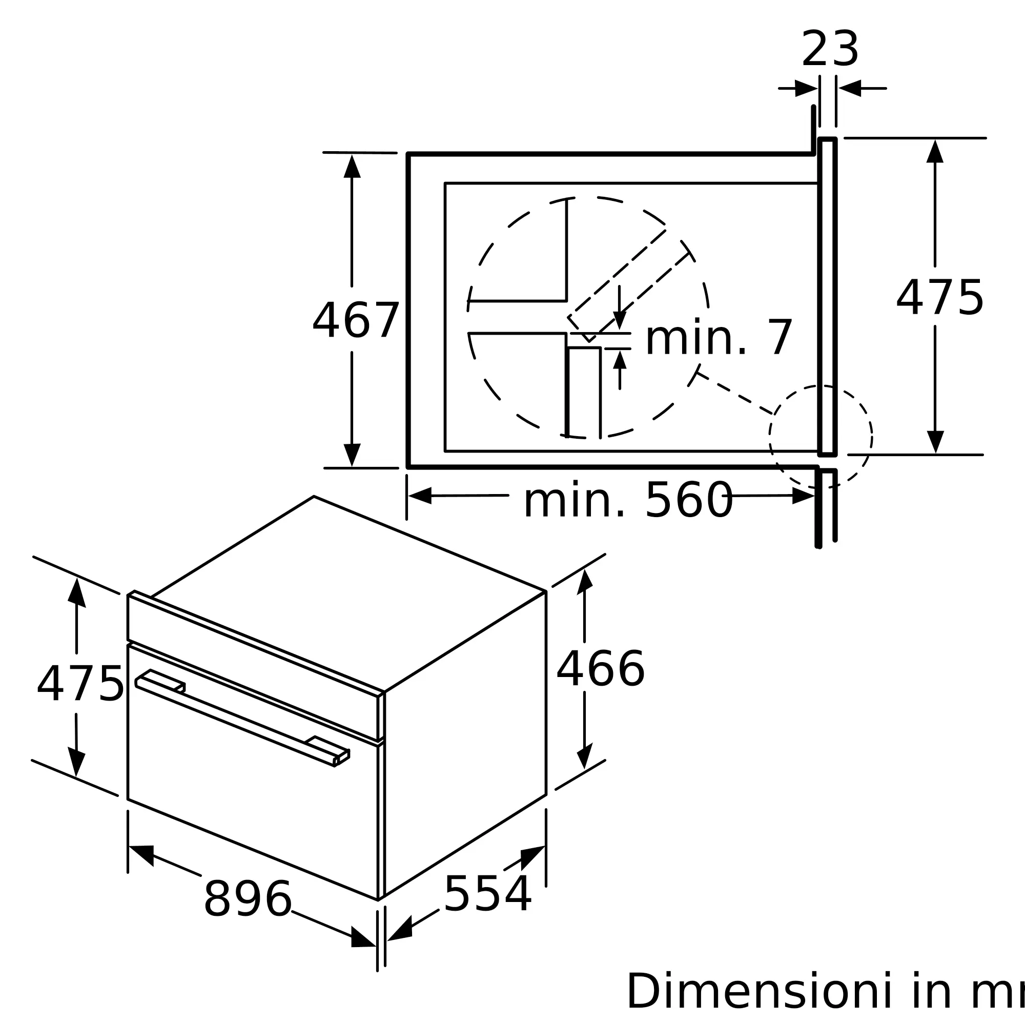 Dessin technique d'un four encastrable avec dimensions : Largeur 896mm, Hauteur 475mm, Profondeur 554mm.