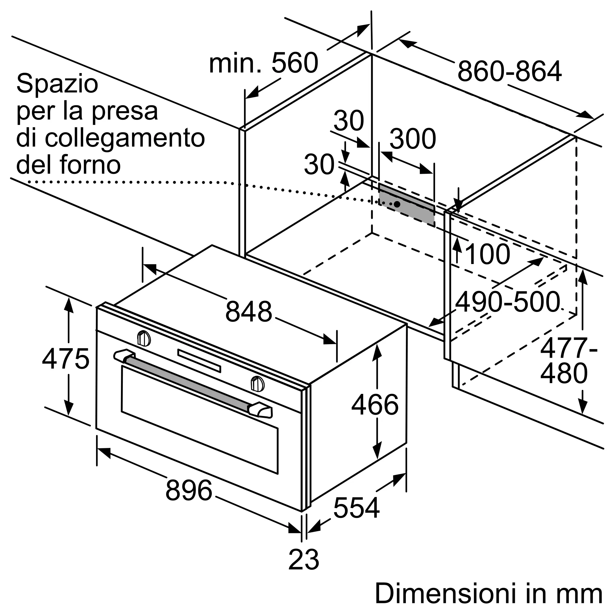 Dessin d'installation d'un four avec dimensions en mm. Comprend une découpe pour connexion.