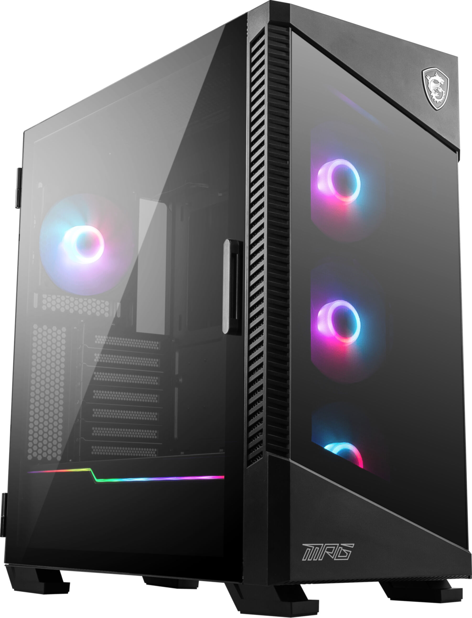 Czarna obudowa PC z szklanym frontem, wentylatorami RGB i podświetlanym paskiem.