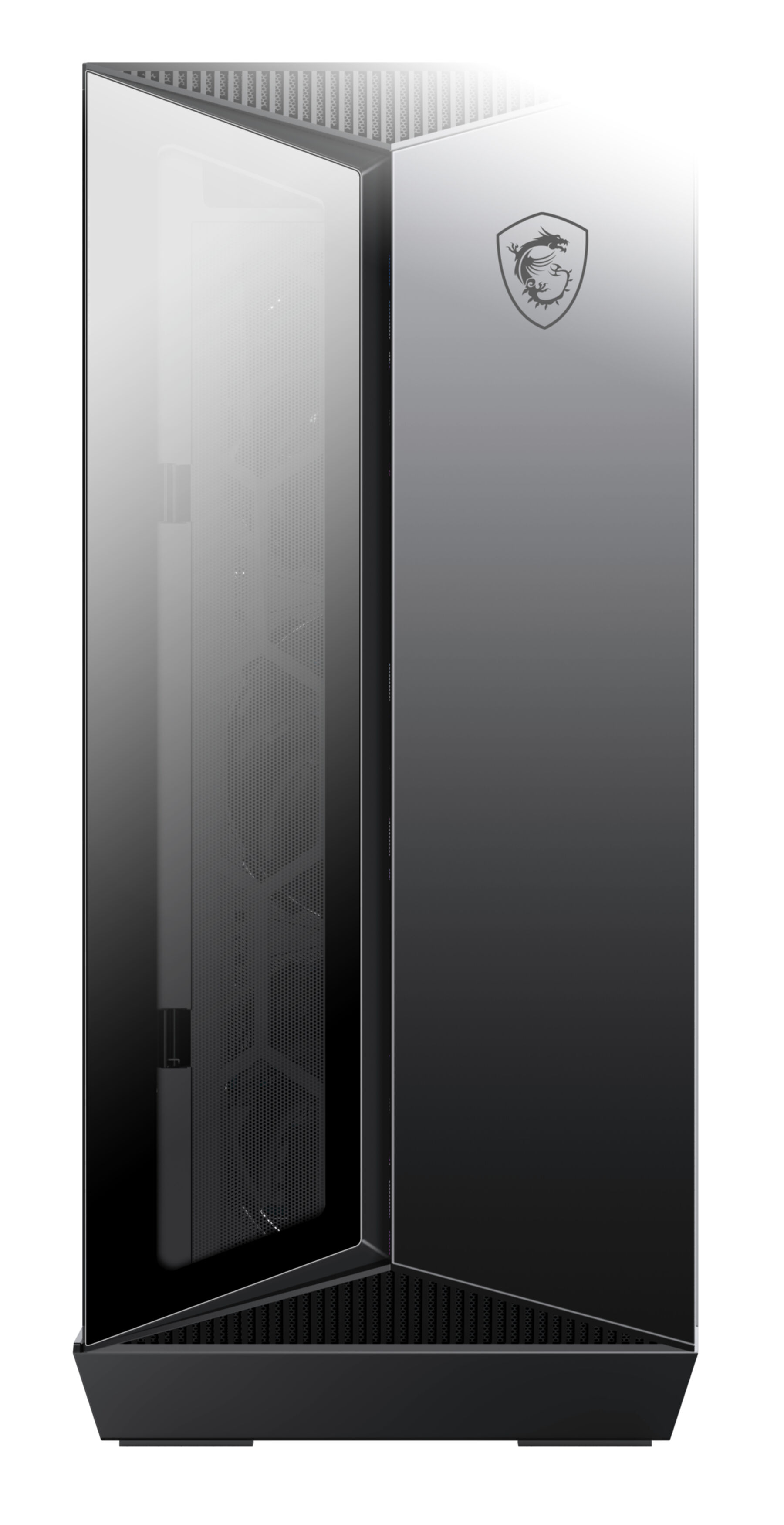 Czarna obudowa komputera z szklanym frontem i logo MSI.