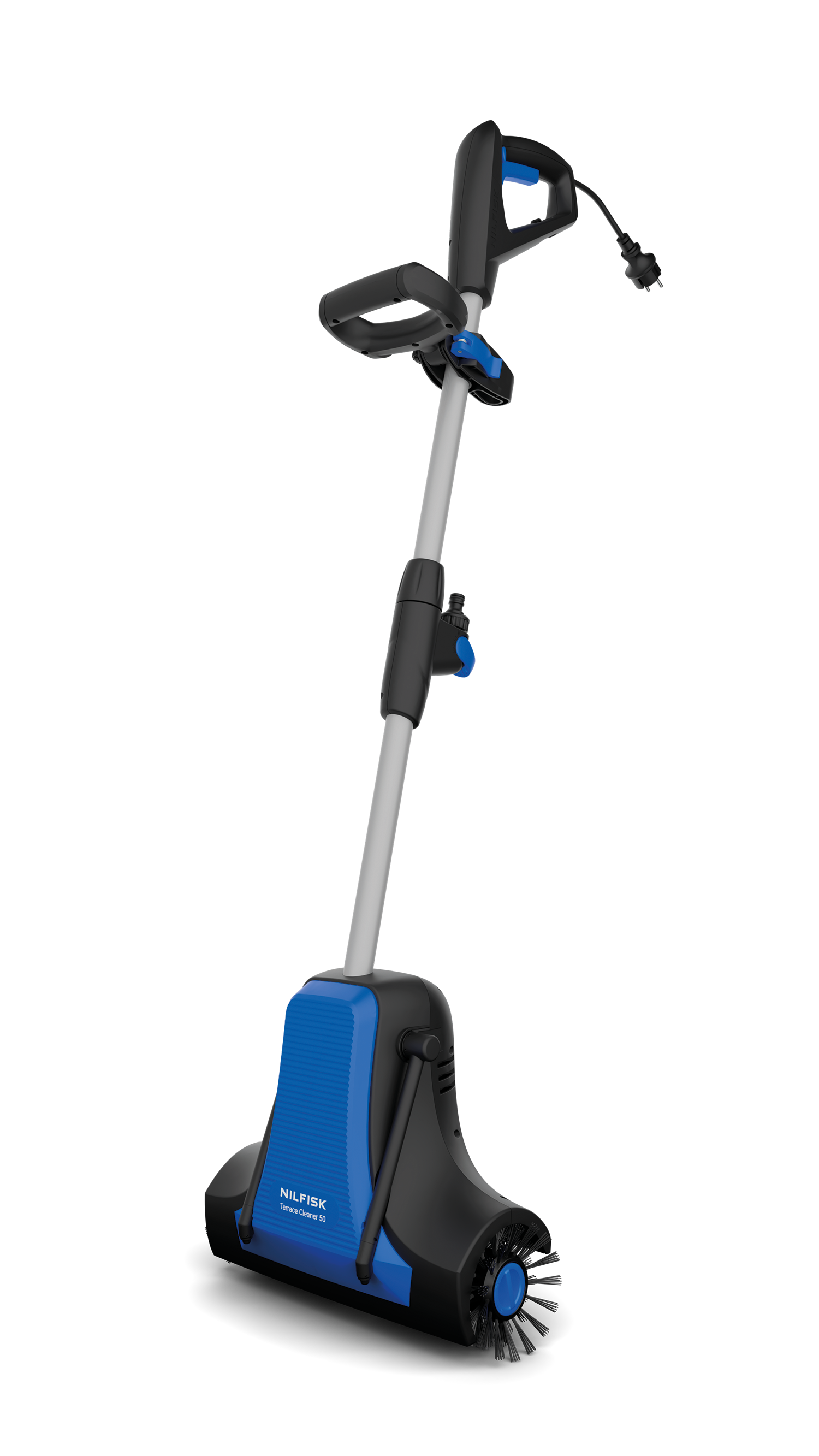 A blue and black Nilfisk terrace cleaner with power cord and handle.