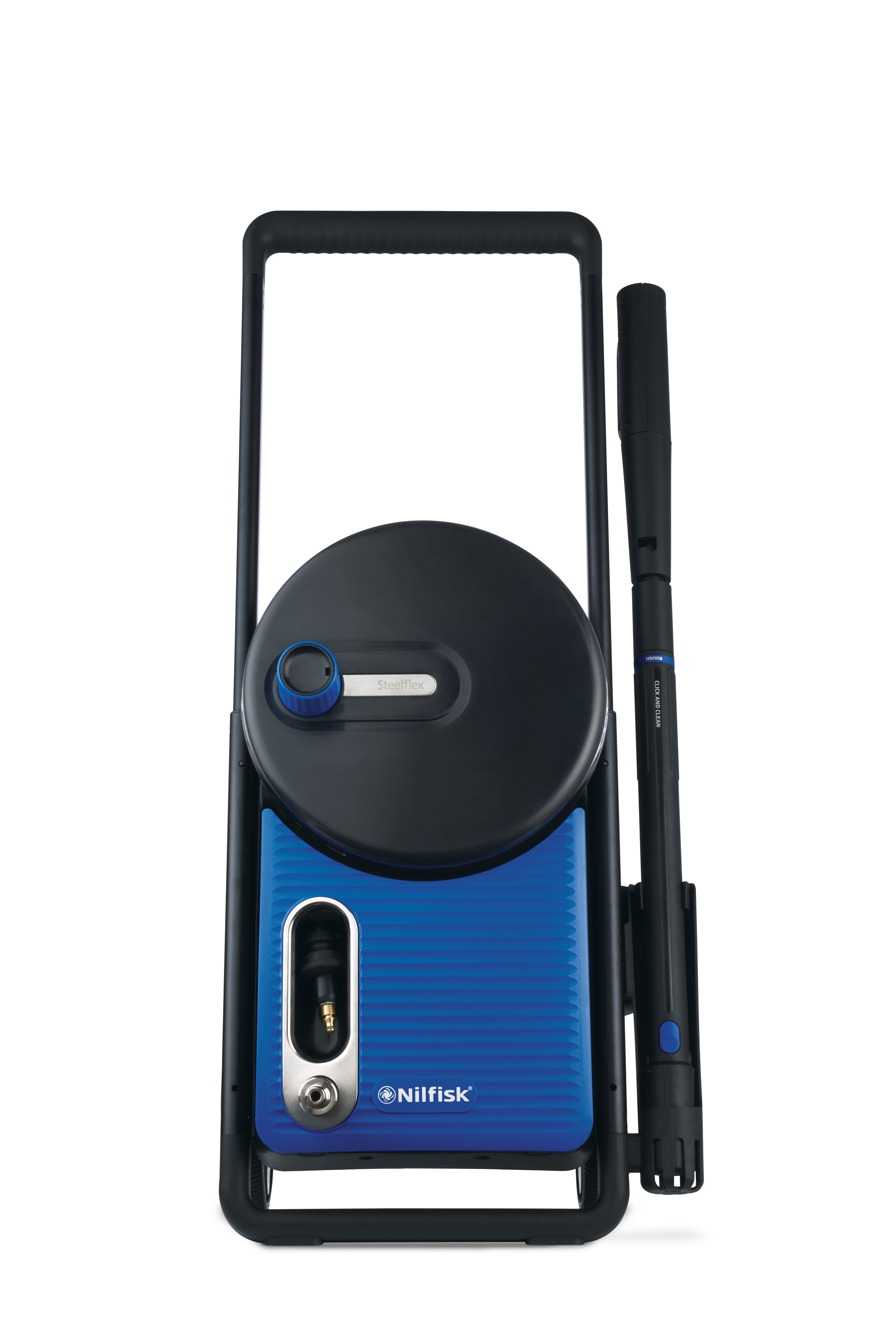 A blue Nilfisk pressure washer with a black frame and handle.