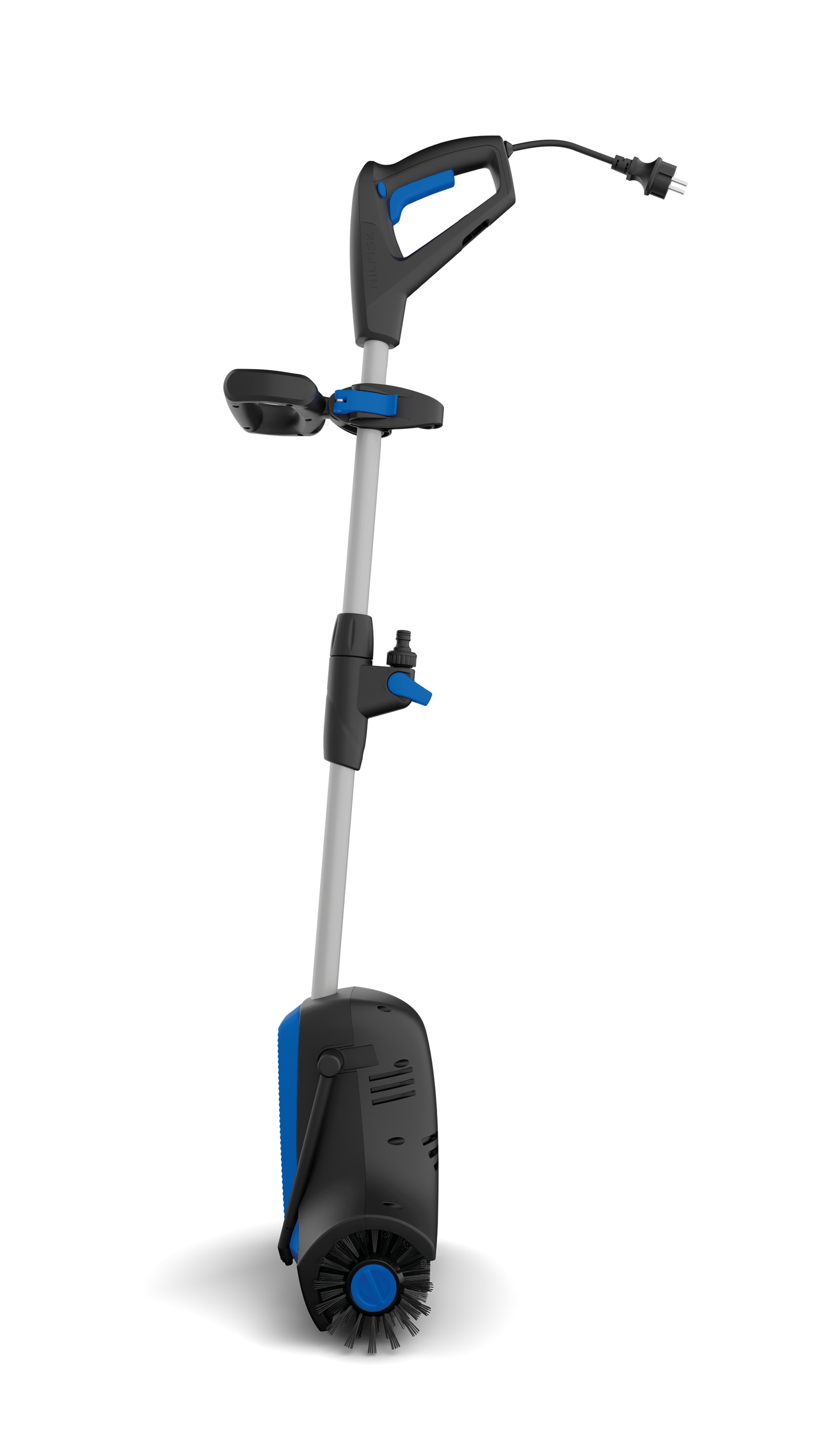 Electric edger with blue and black design and a round brush head.