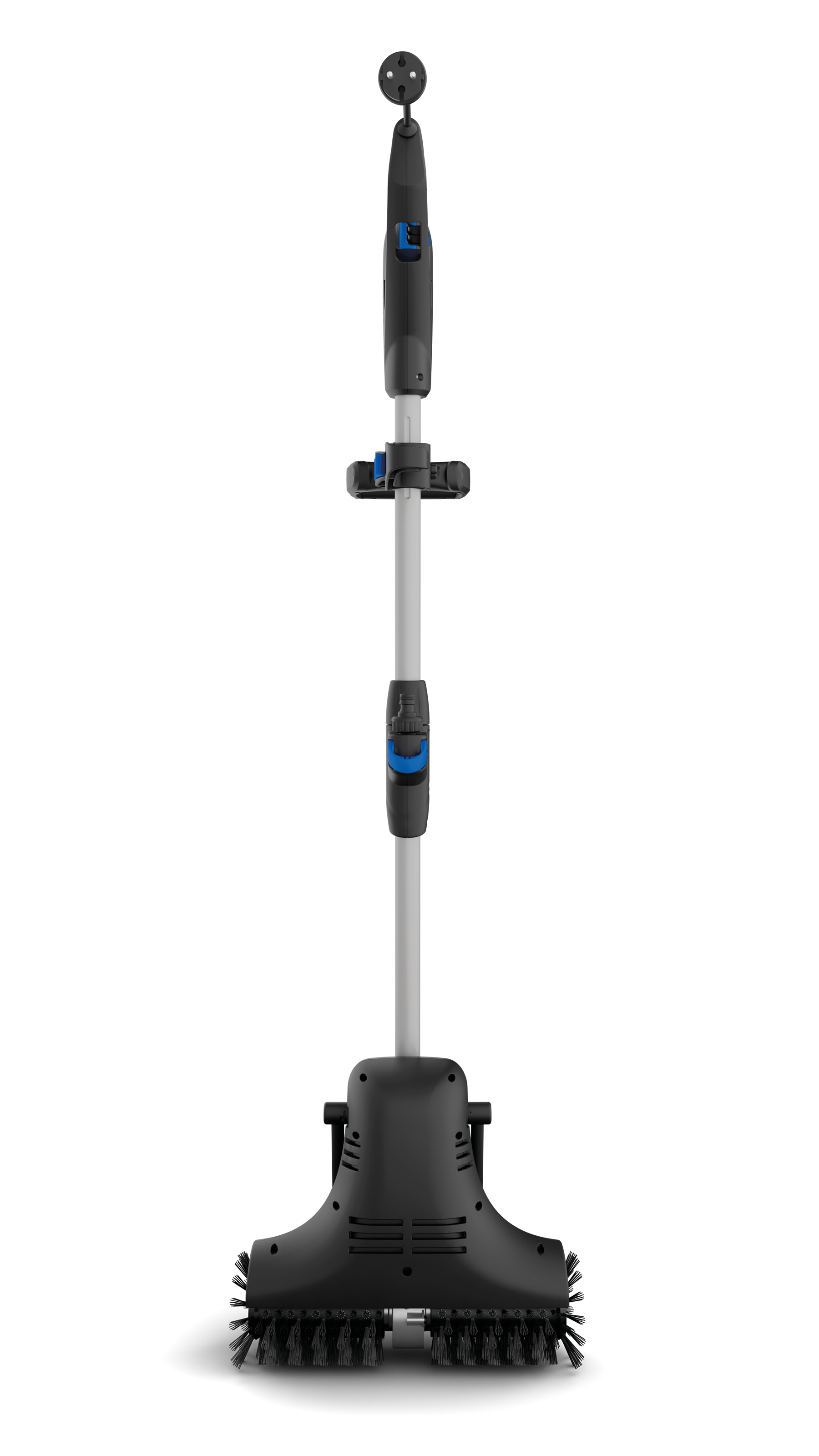 A black handheld vacuum cleaner with blue accents and brushes at the bottom.