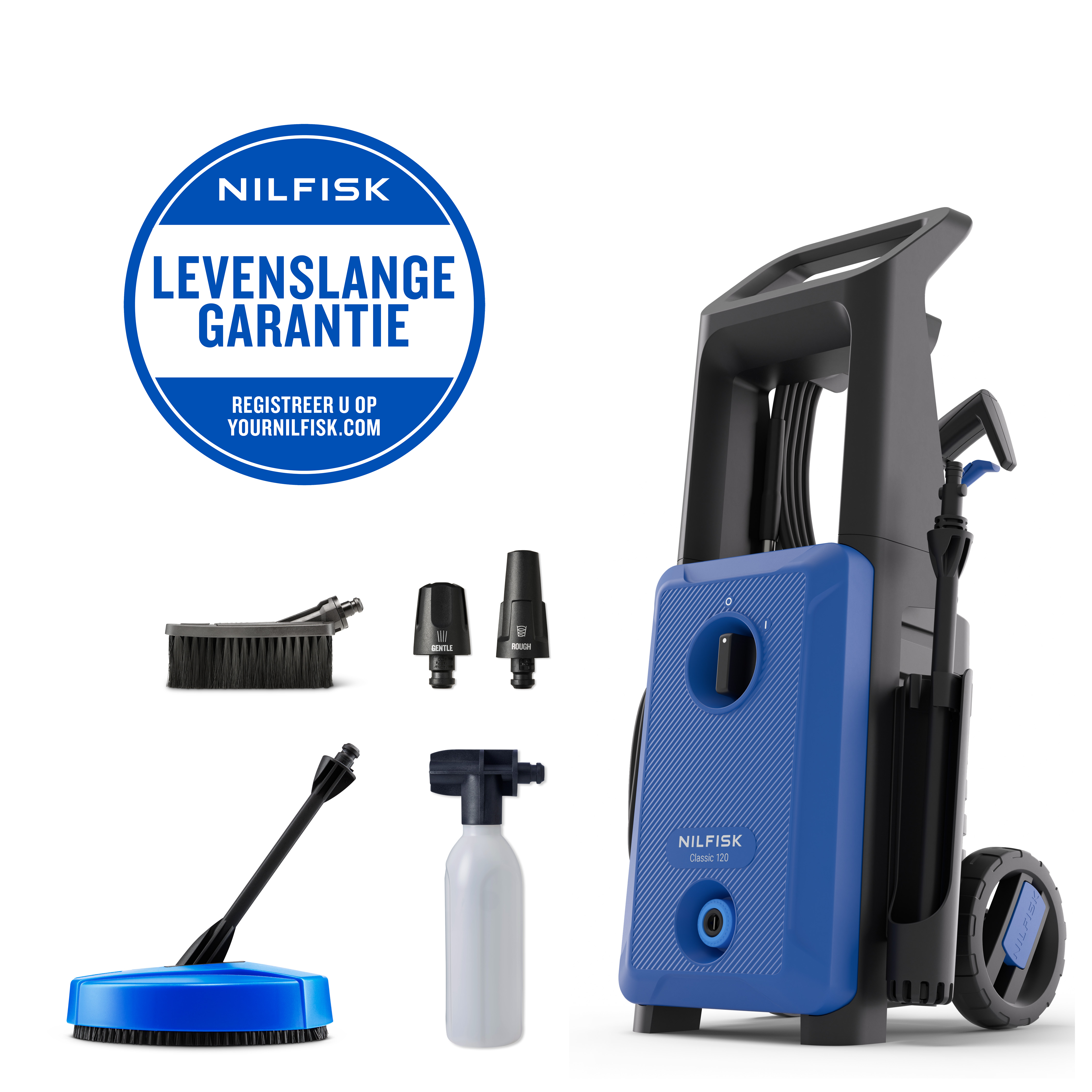 A blue Nilfisk pressure washer with accessories: brush, foam lance, nozzles, and patio cleaner.