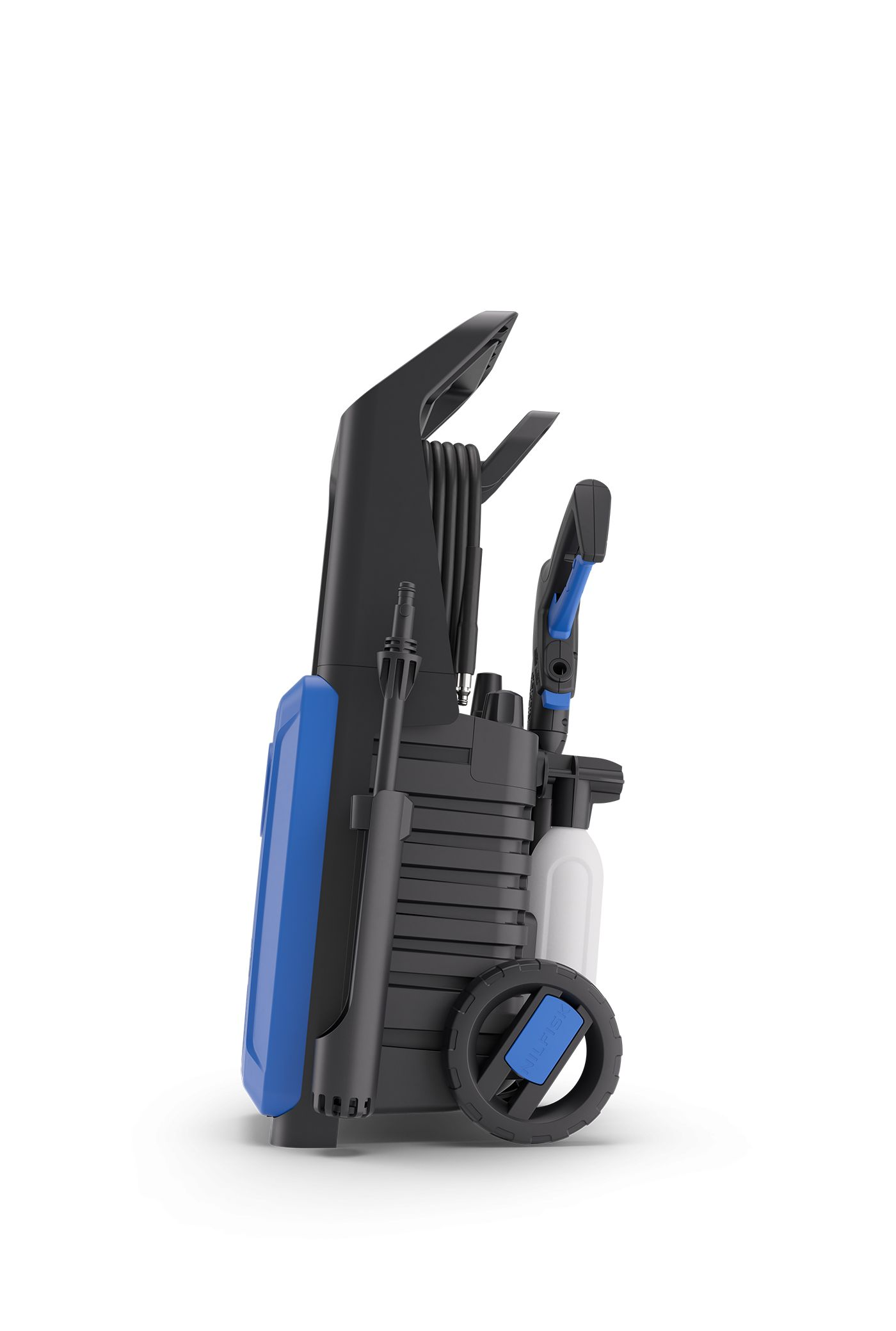 Black pressure washer with blue accent, hose, and spray gun.