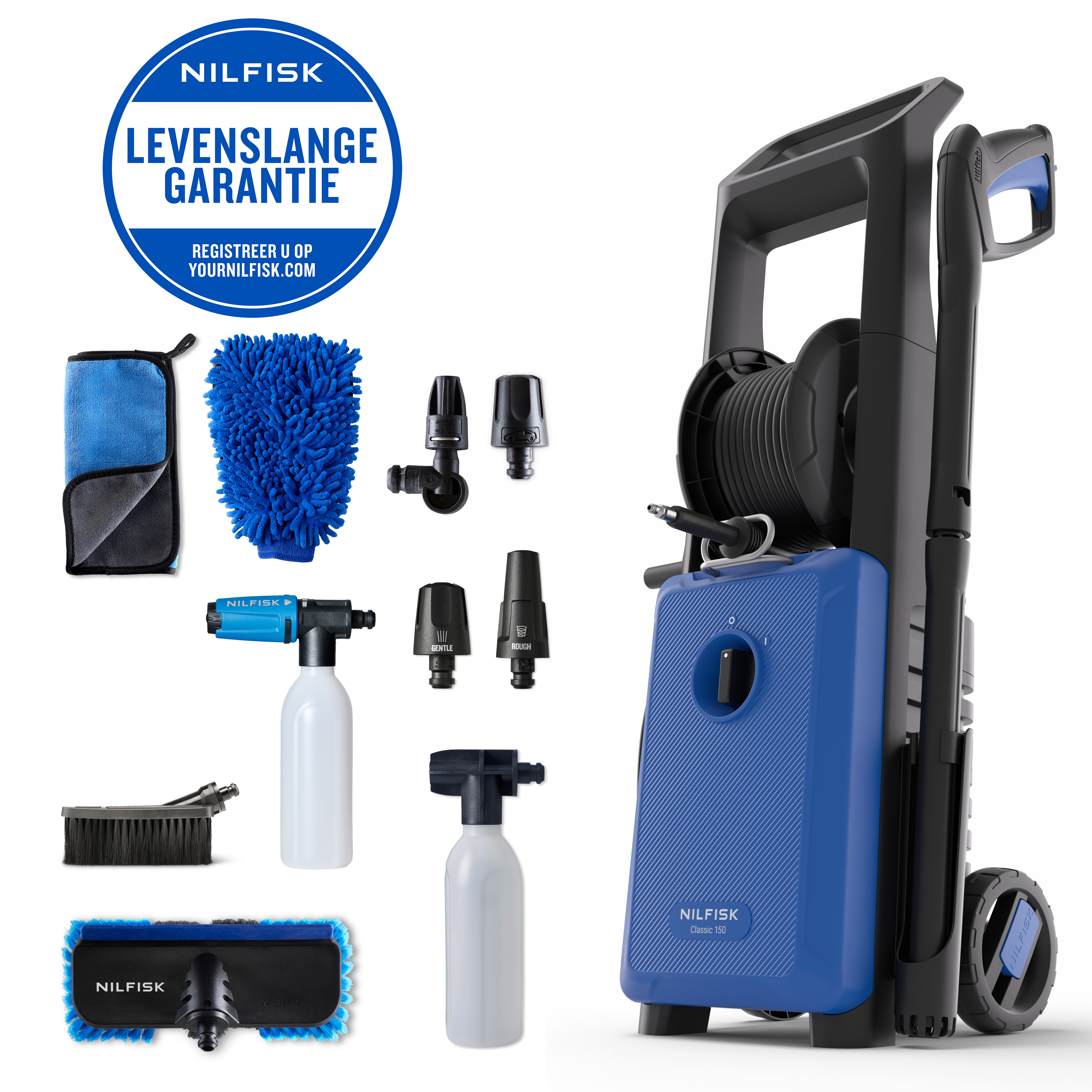 Nilfisk pressure washer with accessories: brushes, bottles, nozzles, and cloths.