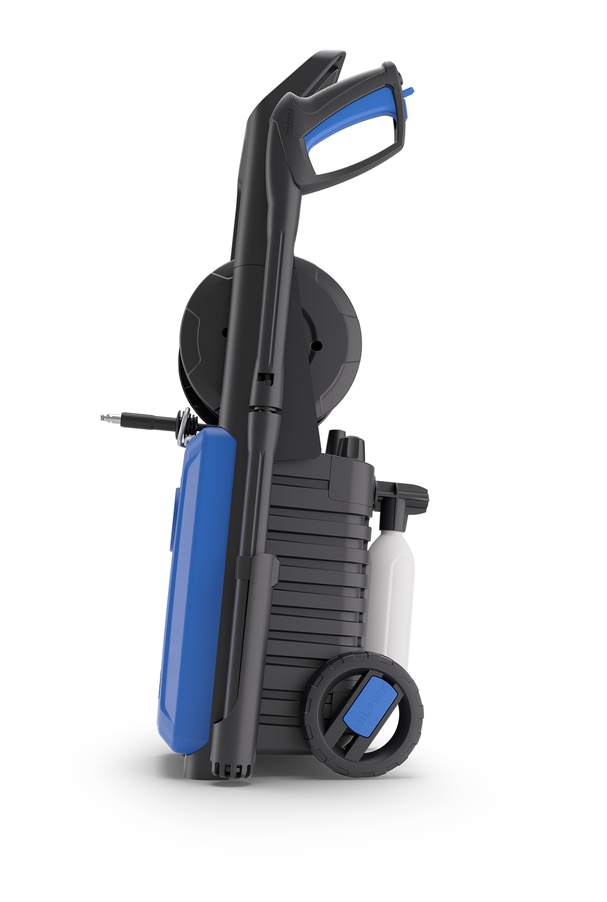 A black pressure washer with a blue handle and accessories on a black background.