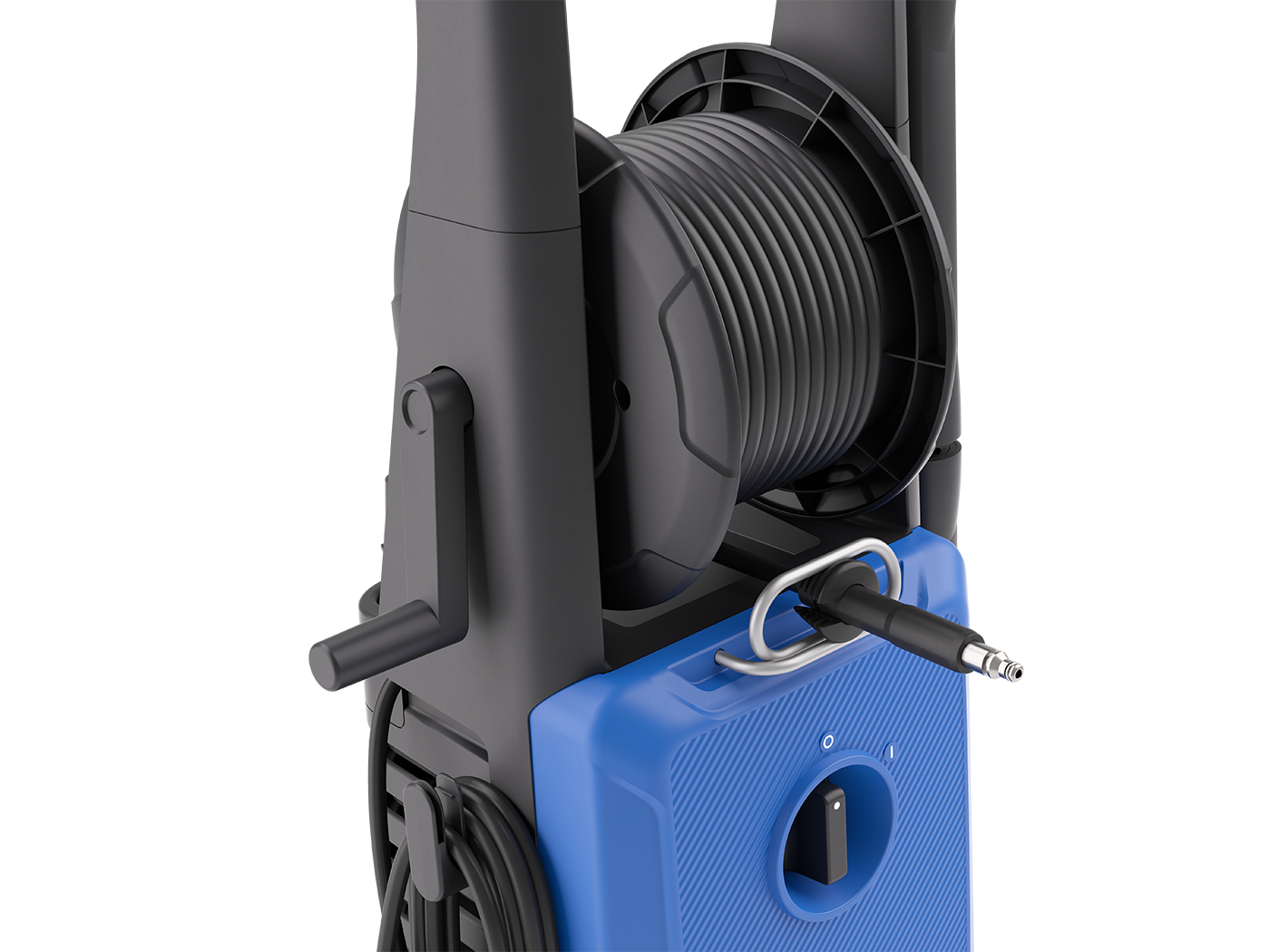 A blue pressure washer with a coiled hose and a crank.