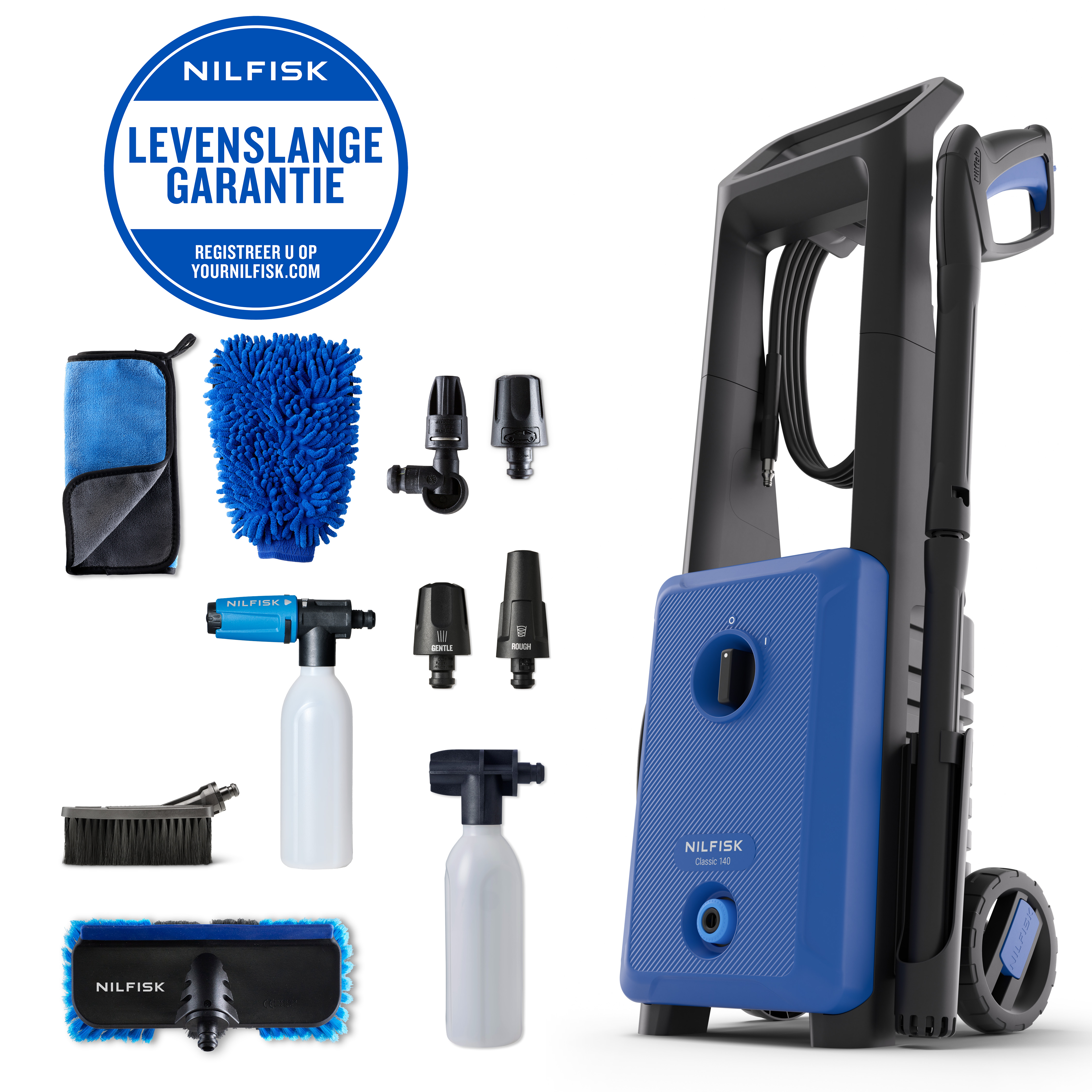 Nilfisk pressure washer with accessories: bottles, brushes, nozzles, cloth.