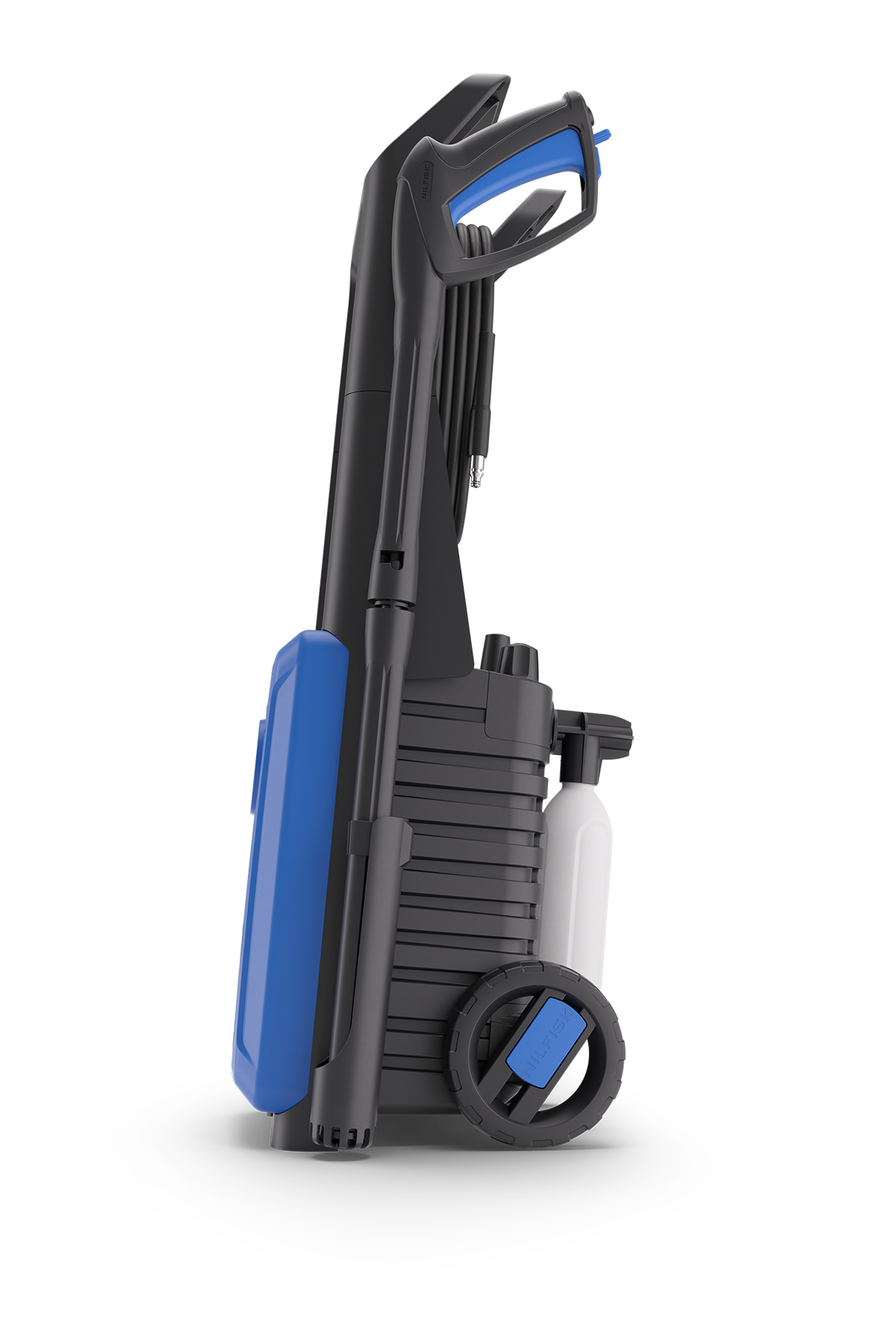 A black pressure washer with blue accents and wheels.