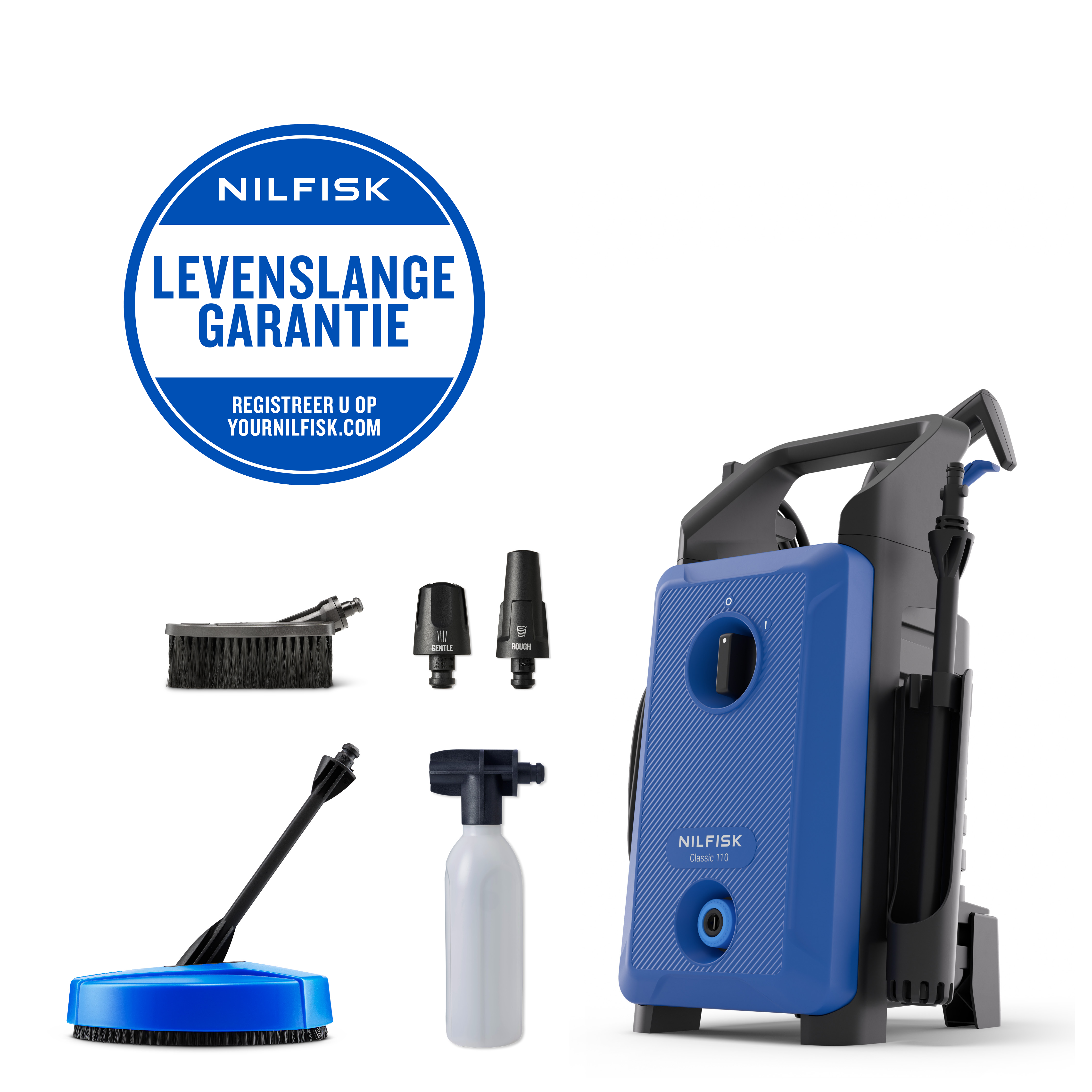 A blue Nilfisk pressure washer with accessories: brush, foam lance, nozzles.
