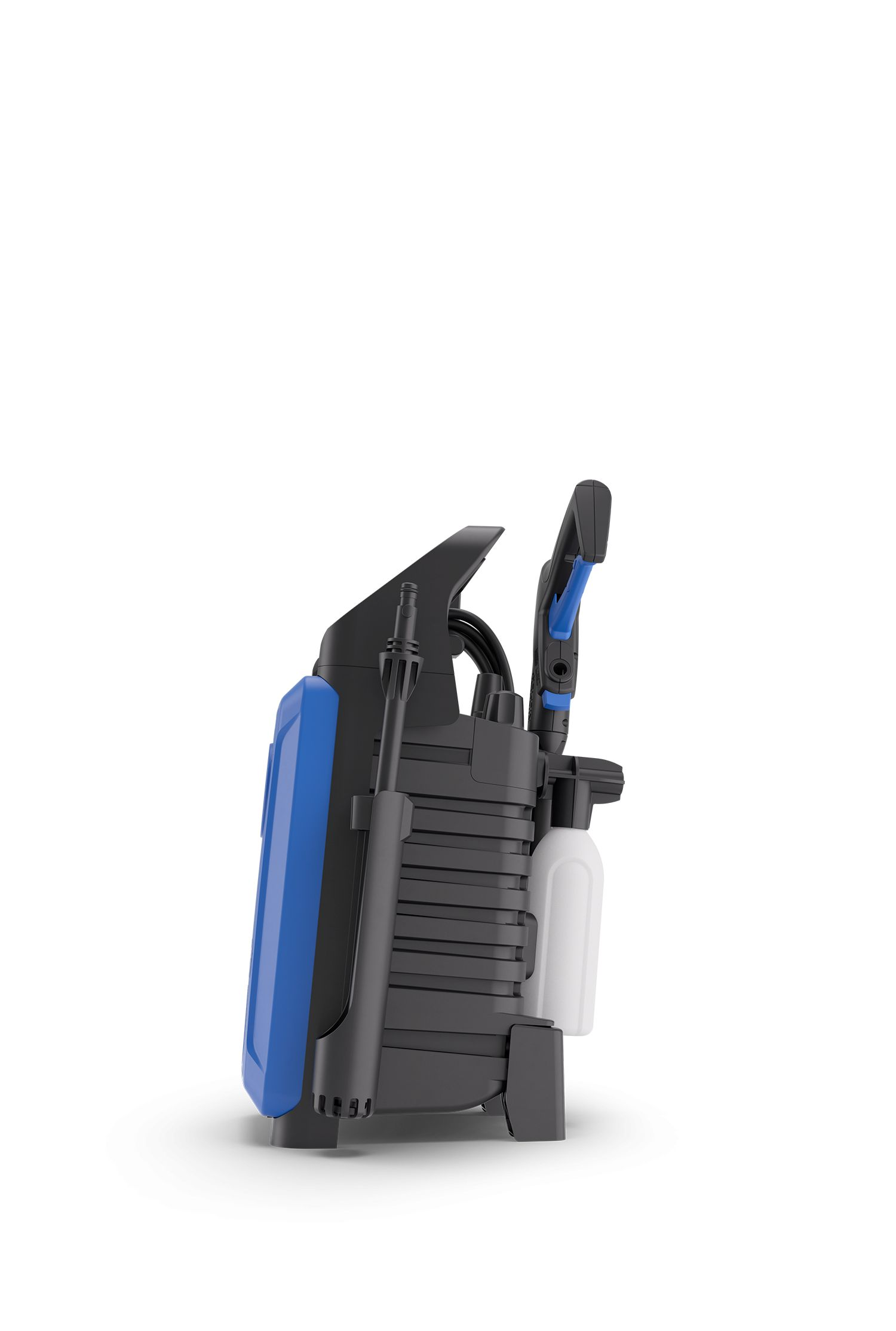 A black pressure washer with blue accents stands on a white background.
