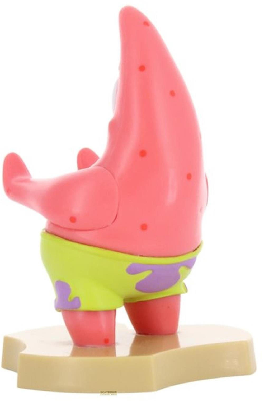 Eine rosa Seesternfigur mit roten Punkten trägt eine hellgrüne Hose mit lila Flecken.