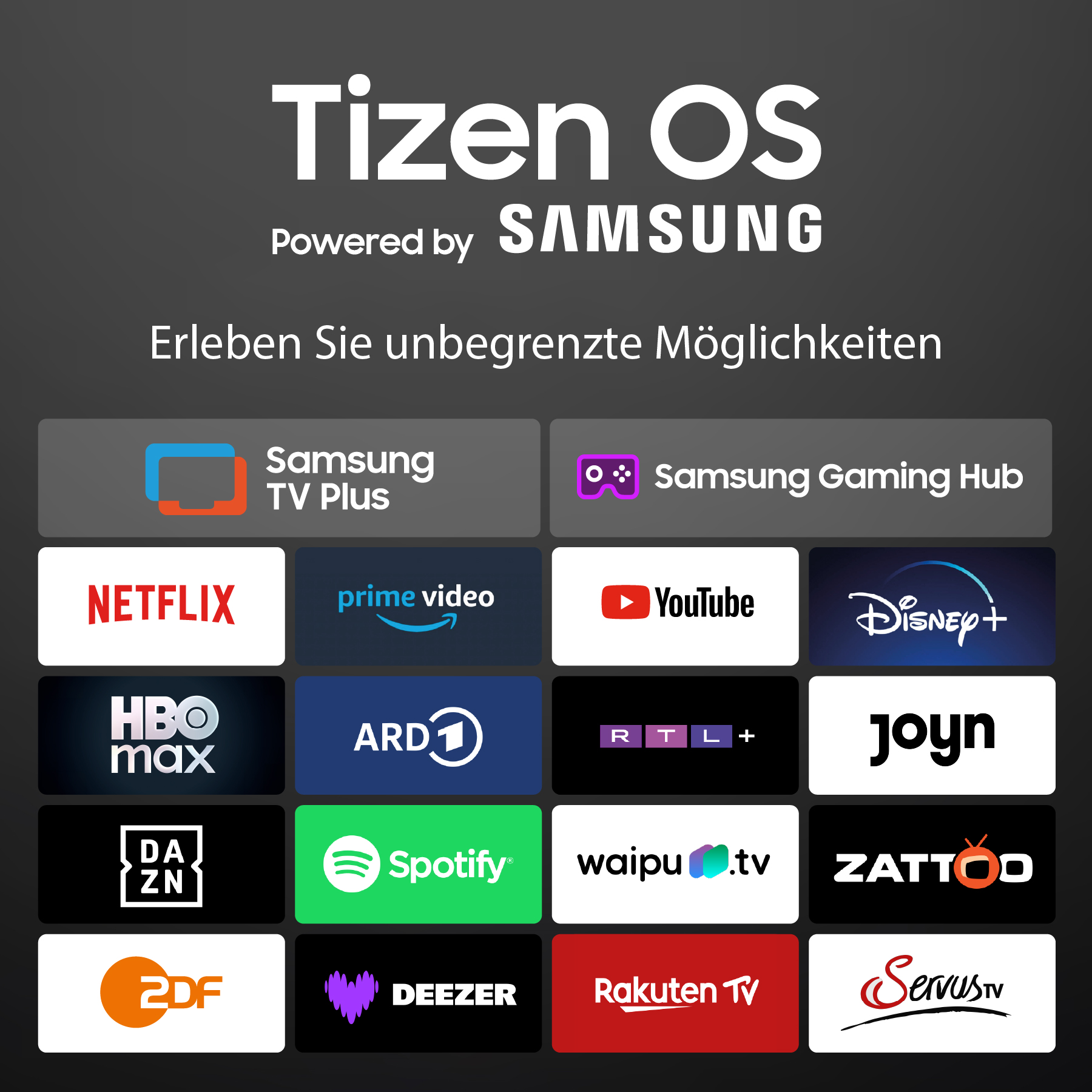 Tizen OS firmy Samsung z logotypami aplikacji: Netflix, Prime Video, YouTube, Disney+, Joyn, Zattoo.