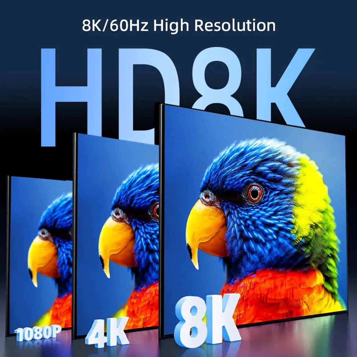 Three screens display a colorful parrot with 1080p, 4K, and 8K.