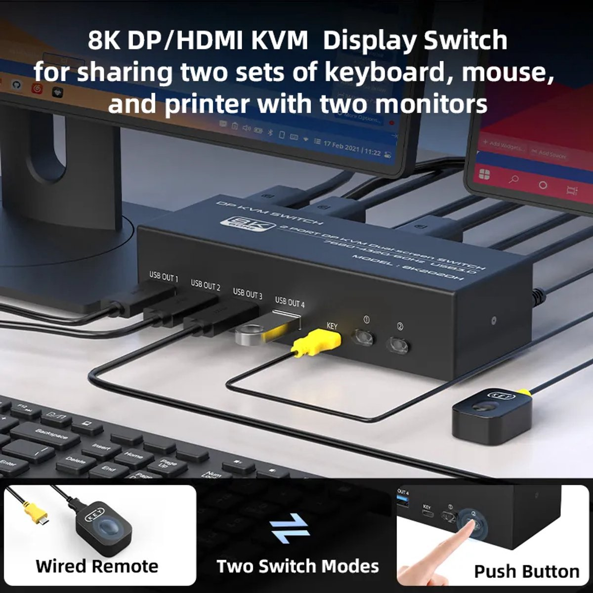 8K KVM Switch with wired remote and push button for 2 monitors, keyboard, mouse, printer.