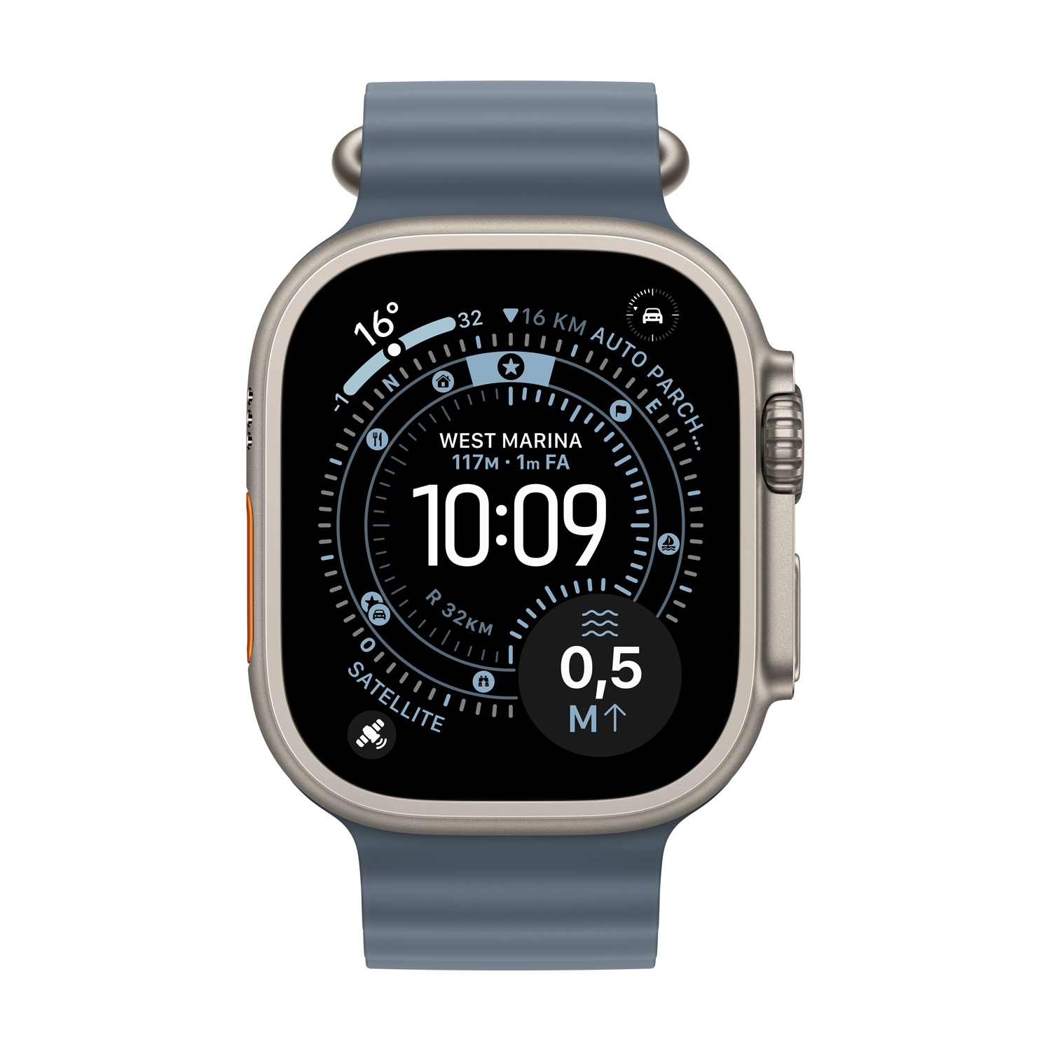 Reloj inteligente gris con correa azul muestra 16 grados, 10:09 AM, 0,5 m e info satelital.