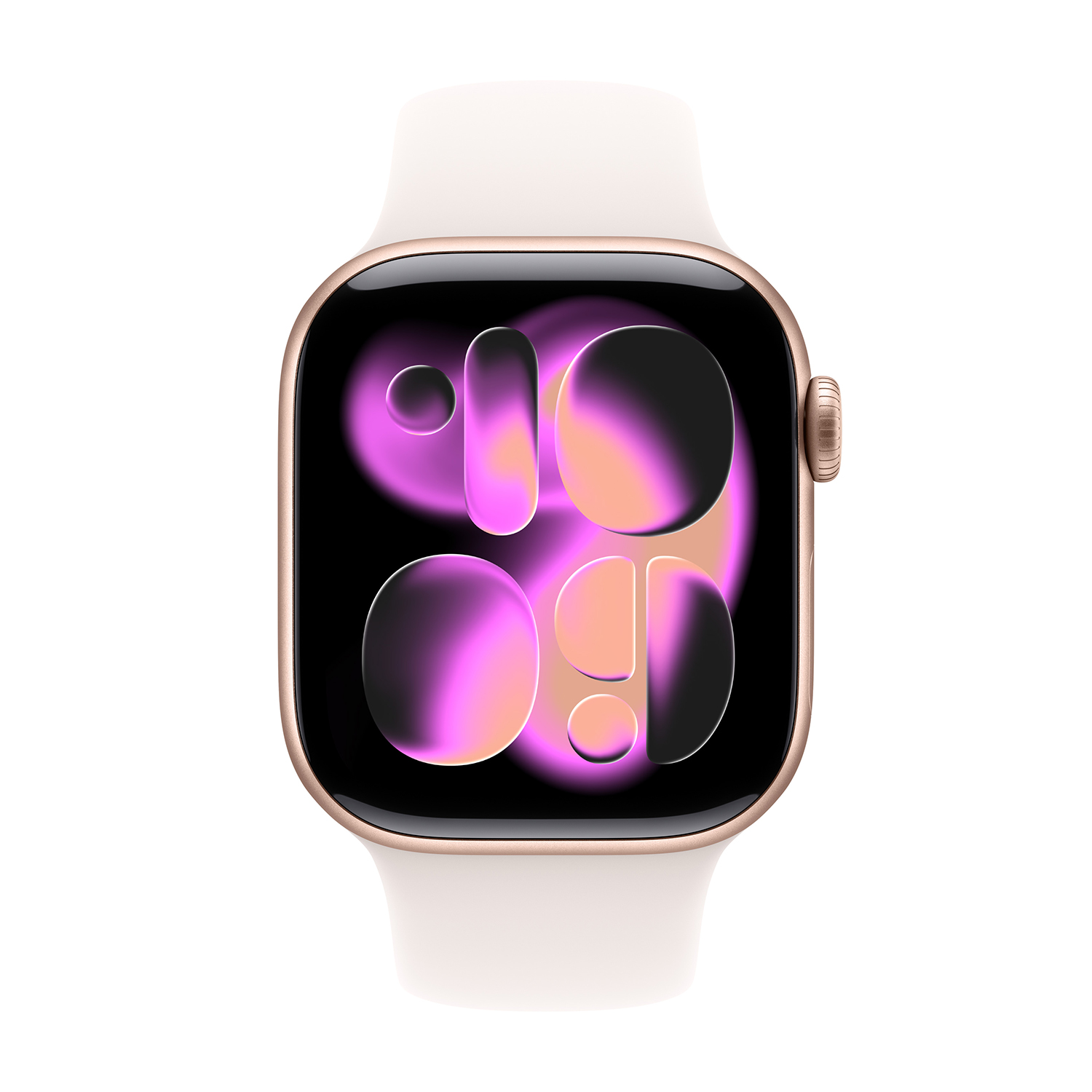 Złoty smartwatch z białym paskiem i kolorowym wyświetlaczem.