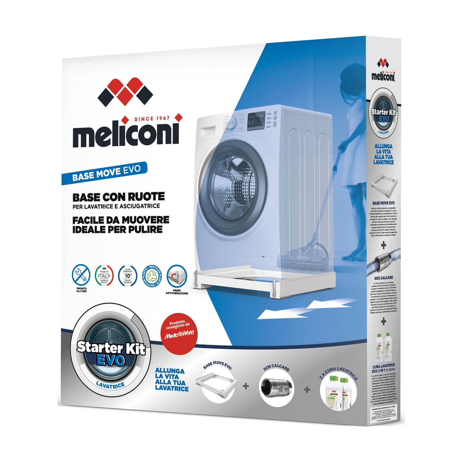 Confezione per base Meliconi Base Move Evo per lavatrice con ruote e accessori.