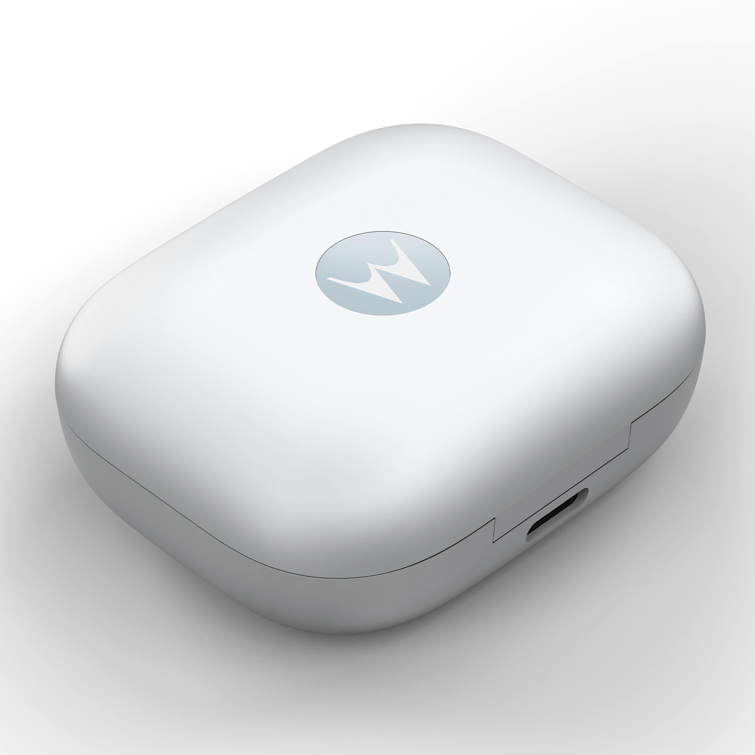 Białe etui ładujące z logo Motorola i portem USB-C.