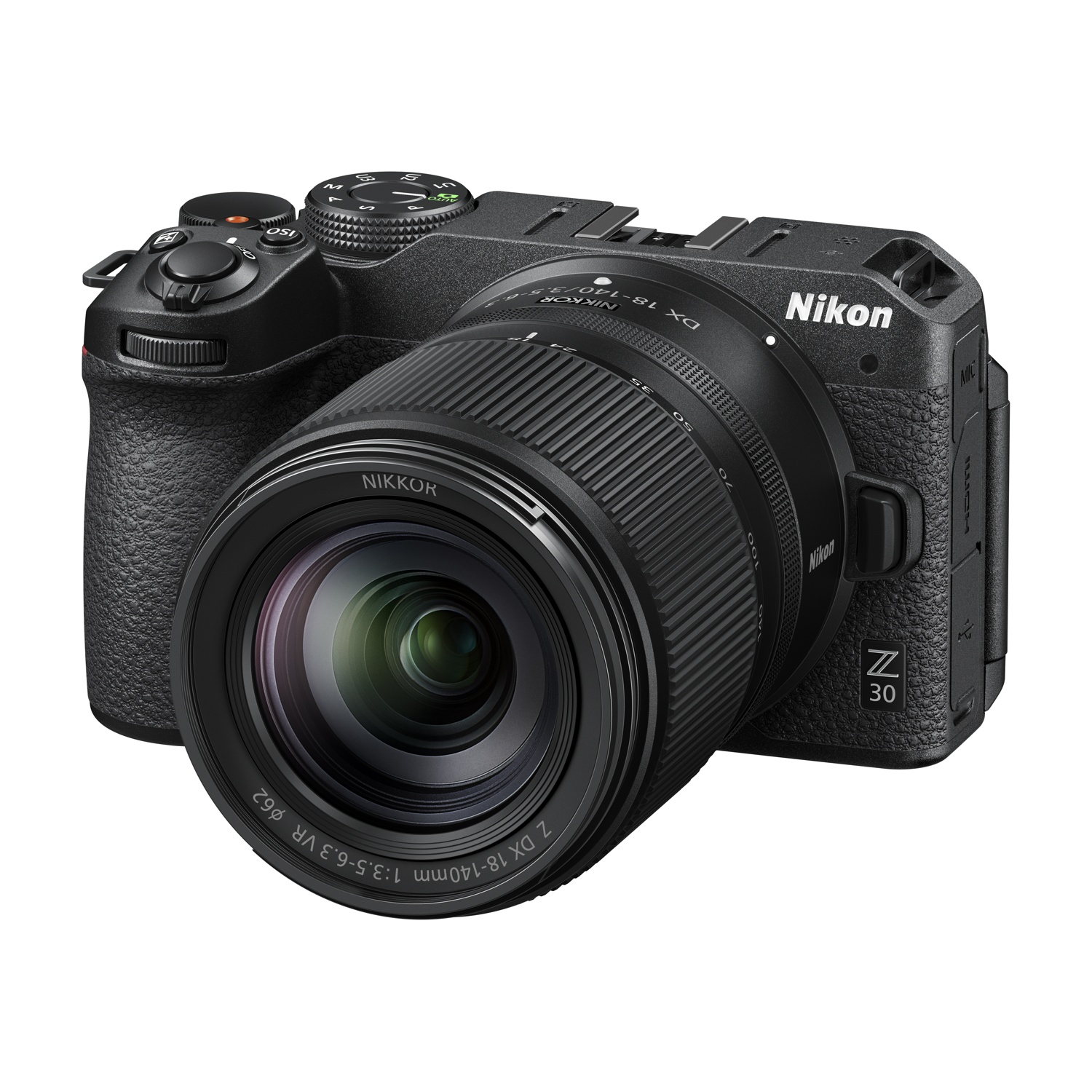 Fotocamera mirrorless Nikon Z 30 nera con obiettivo Nikkor Z DX 18-140mm.
