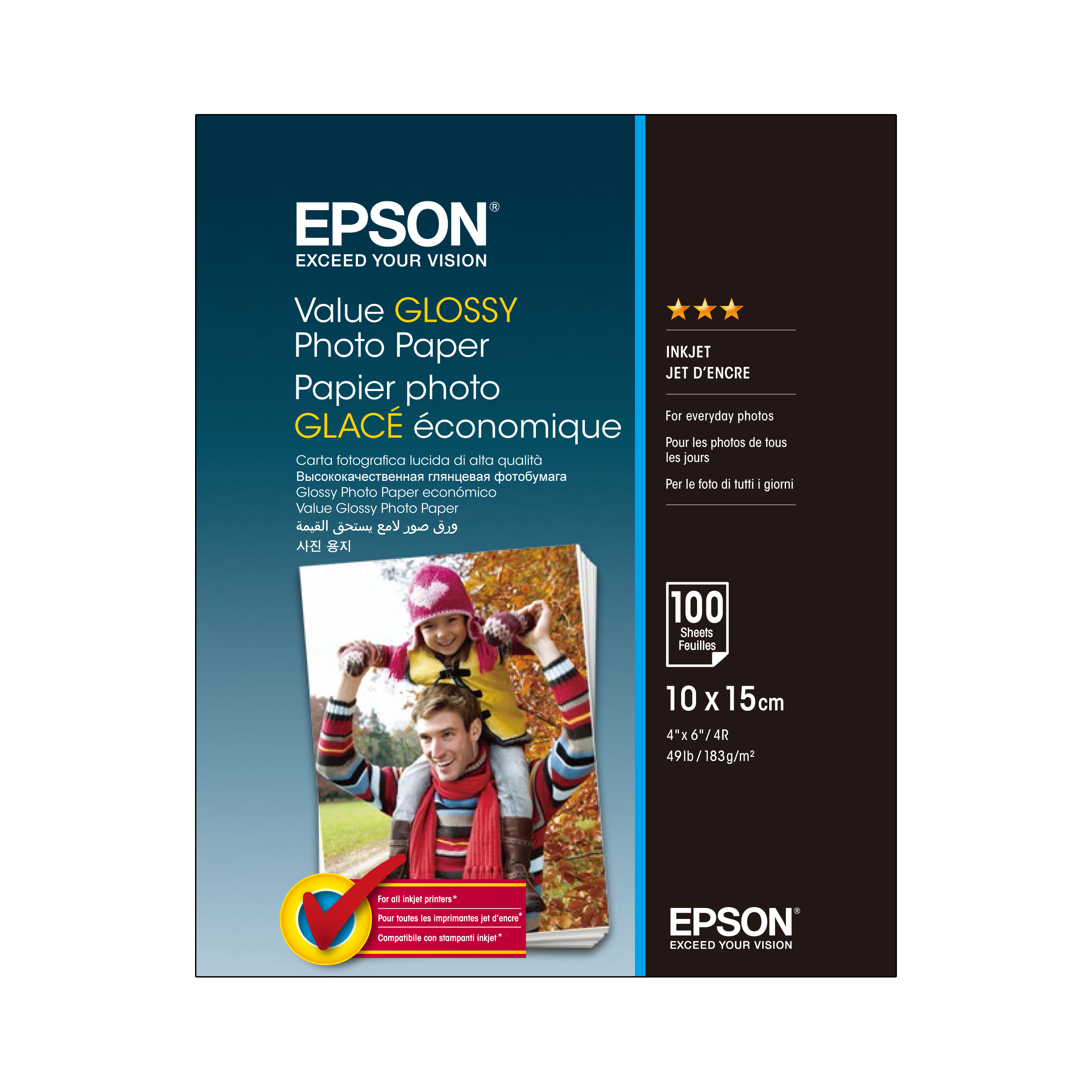 Epson Value Glossy Fotopapier: Mann mit Kind auf Schultern, 100 Blatt, 10x15cm.
