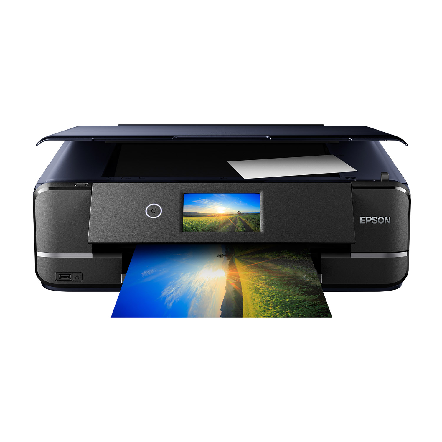 Ein schwarzer Epson-Drucker mit geöffnetem Deckel und einem Bild, das ausgedruckt wird.