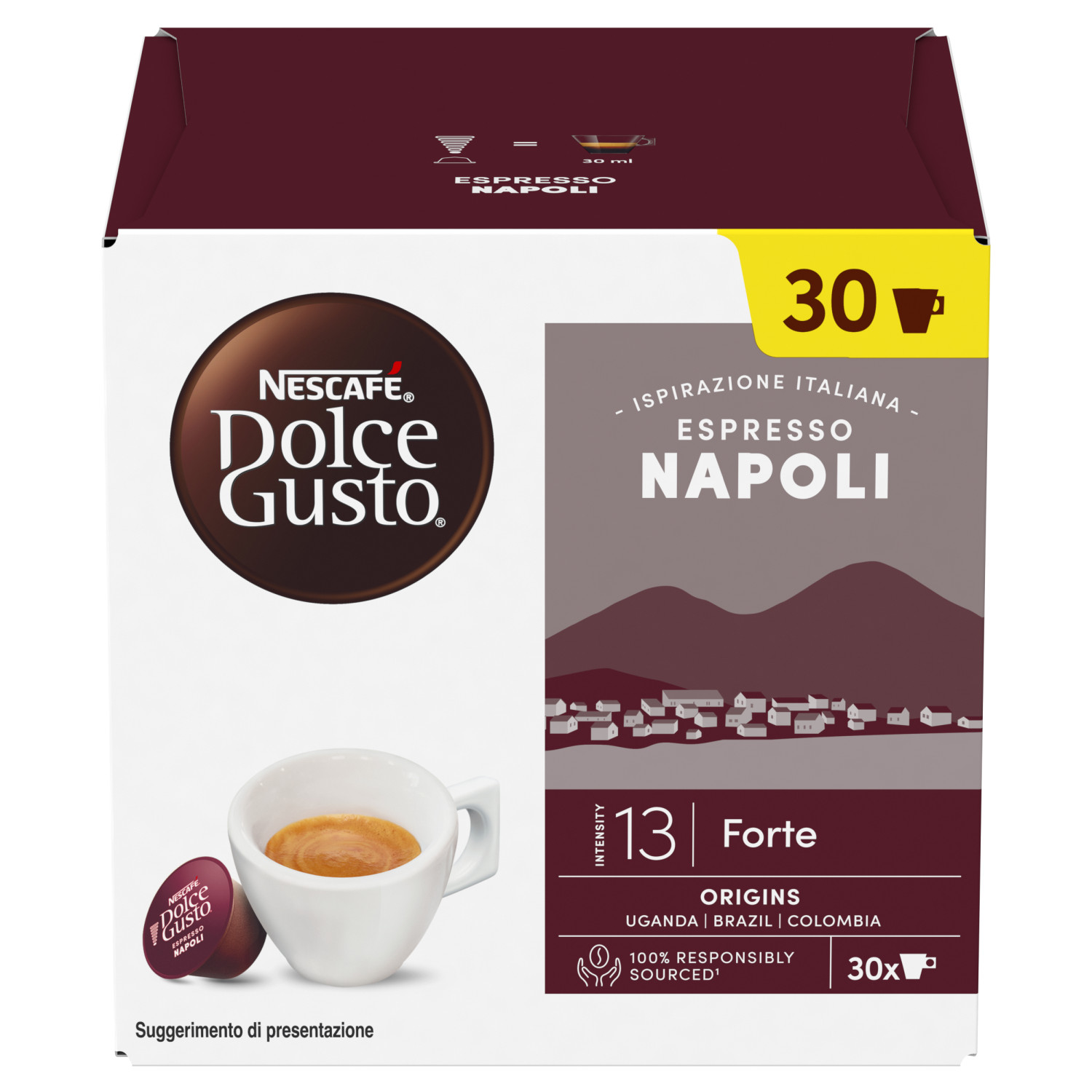 Scatola NESCAFÉ Dolce Gusto Espresso Napoli con una tazza di espresso.