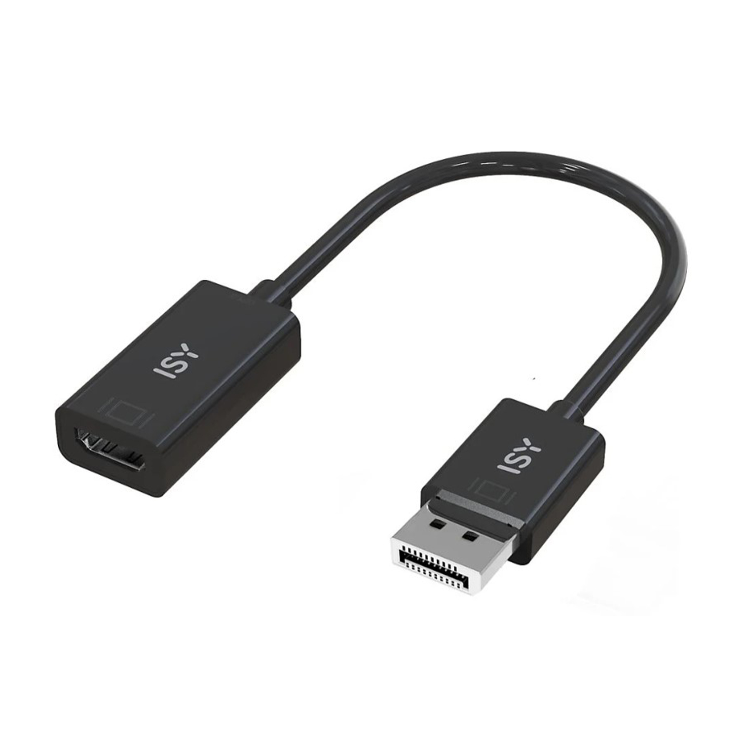 Schwarzer ISY-Adapter mit HDMI- und DisplayPort-Anschlüssen, weißer Hintergrund.