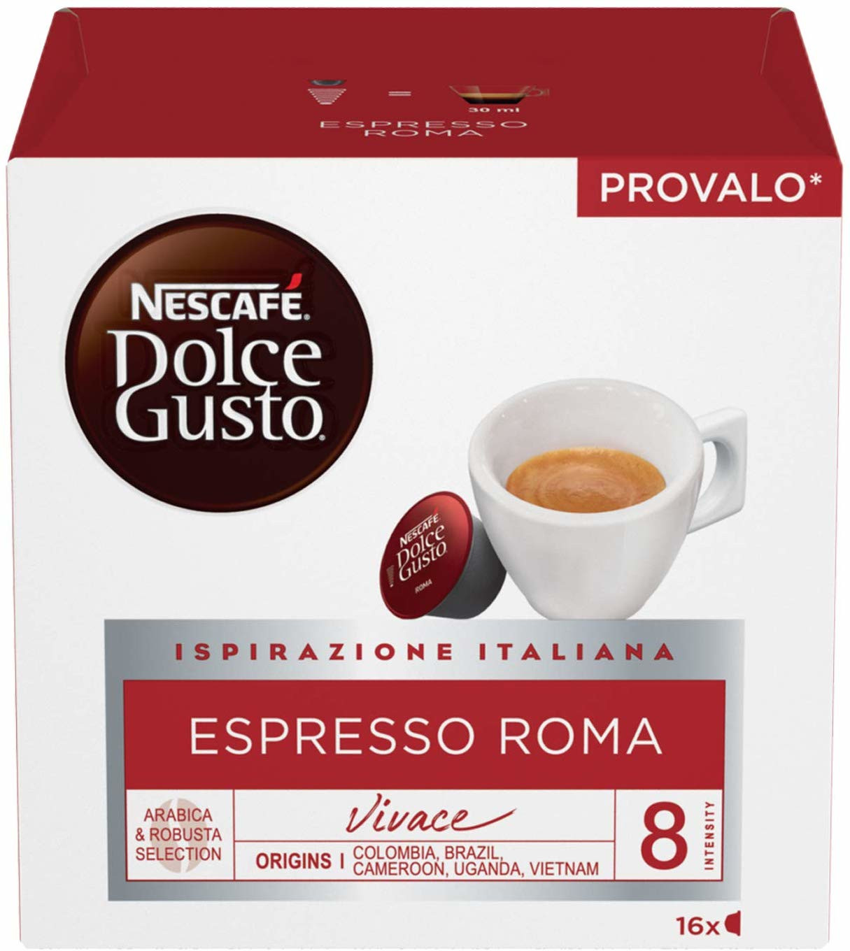 Nescafé Dolce Gusto Espresso Roma Packung mit einer Tasse Kaffee und Kapsel.