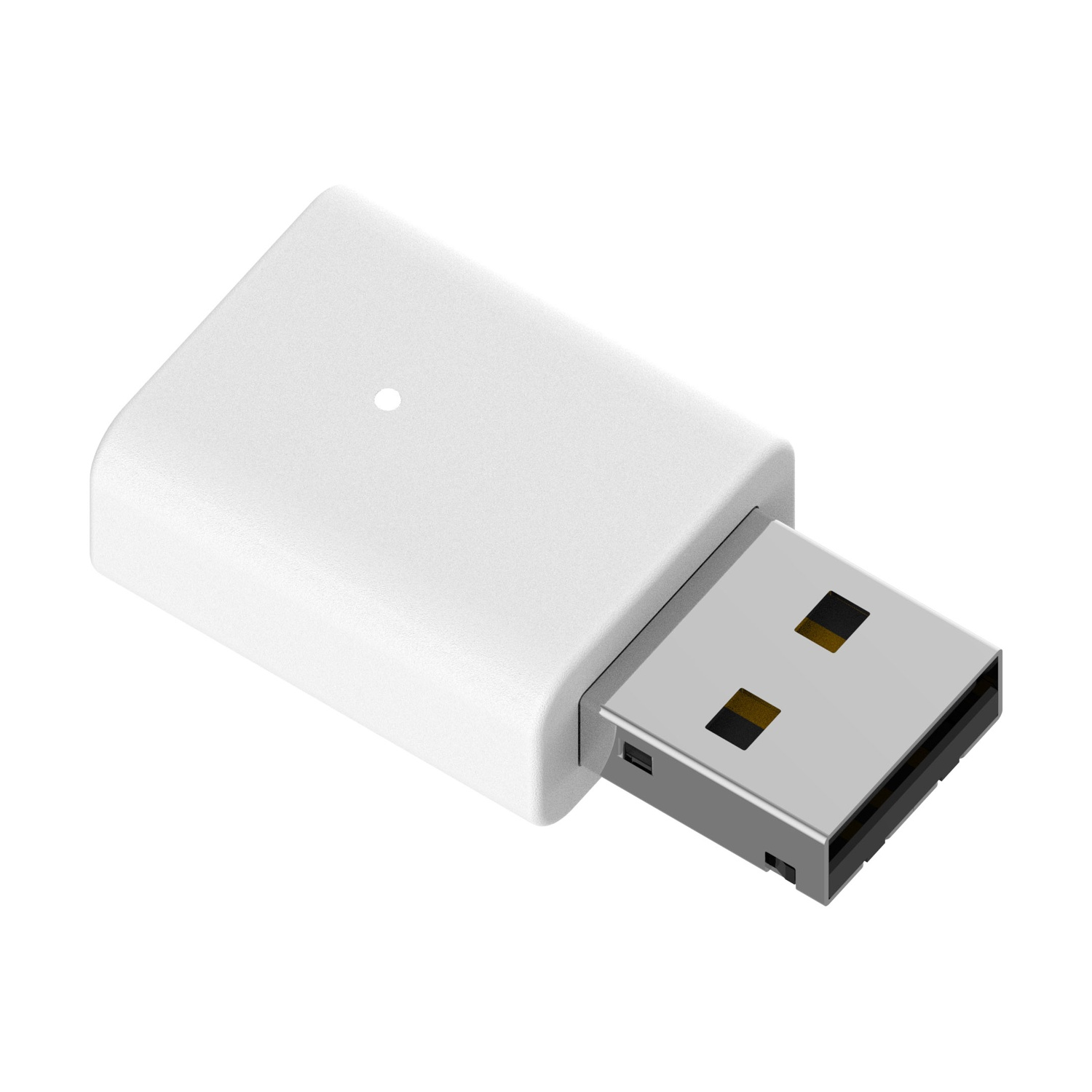A white USB flash drive with a small hole on its top surface.