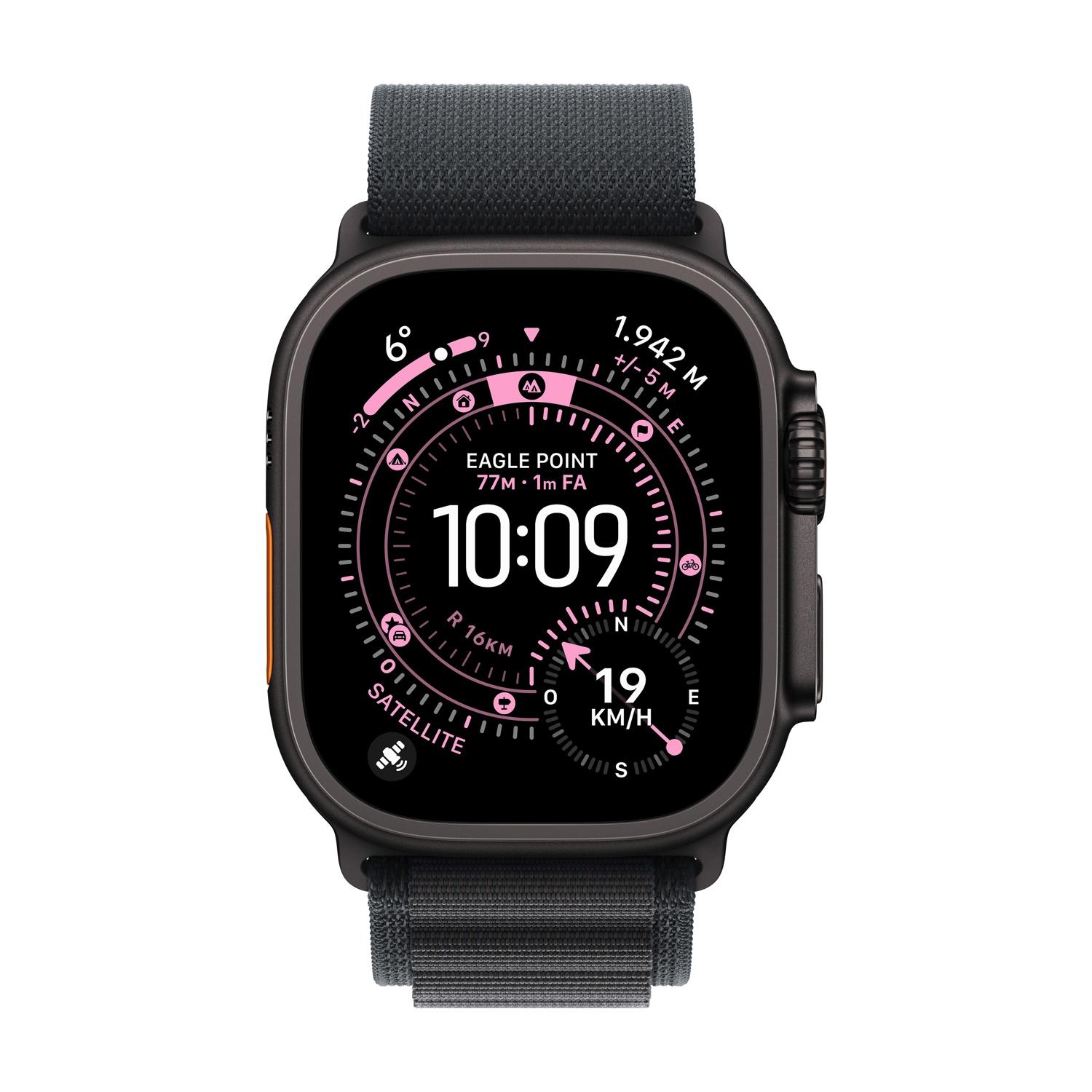 Uno smartwatch grigio con cinturino nero mostra 10:09, 6°, 19 km/h e altitudine 1.942 m.