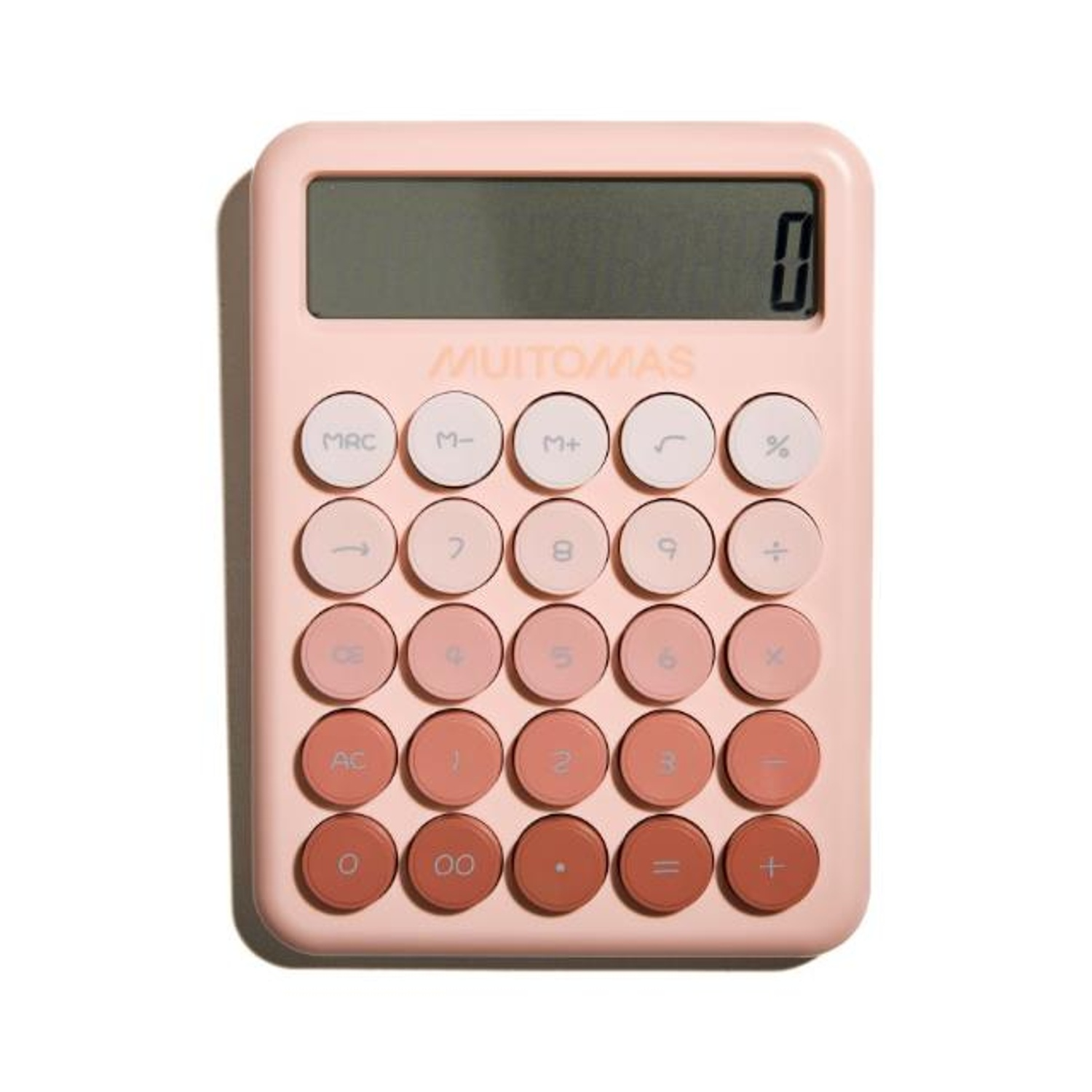 Dijital ekranlı ve yuvarlak tuşlu pembe bir hesap makinesi.