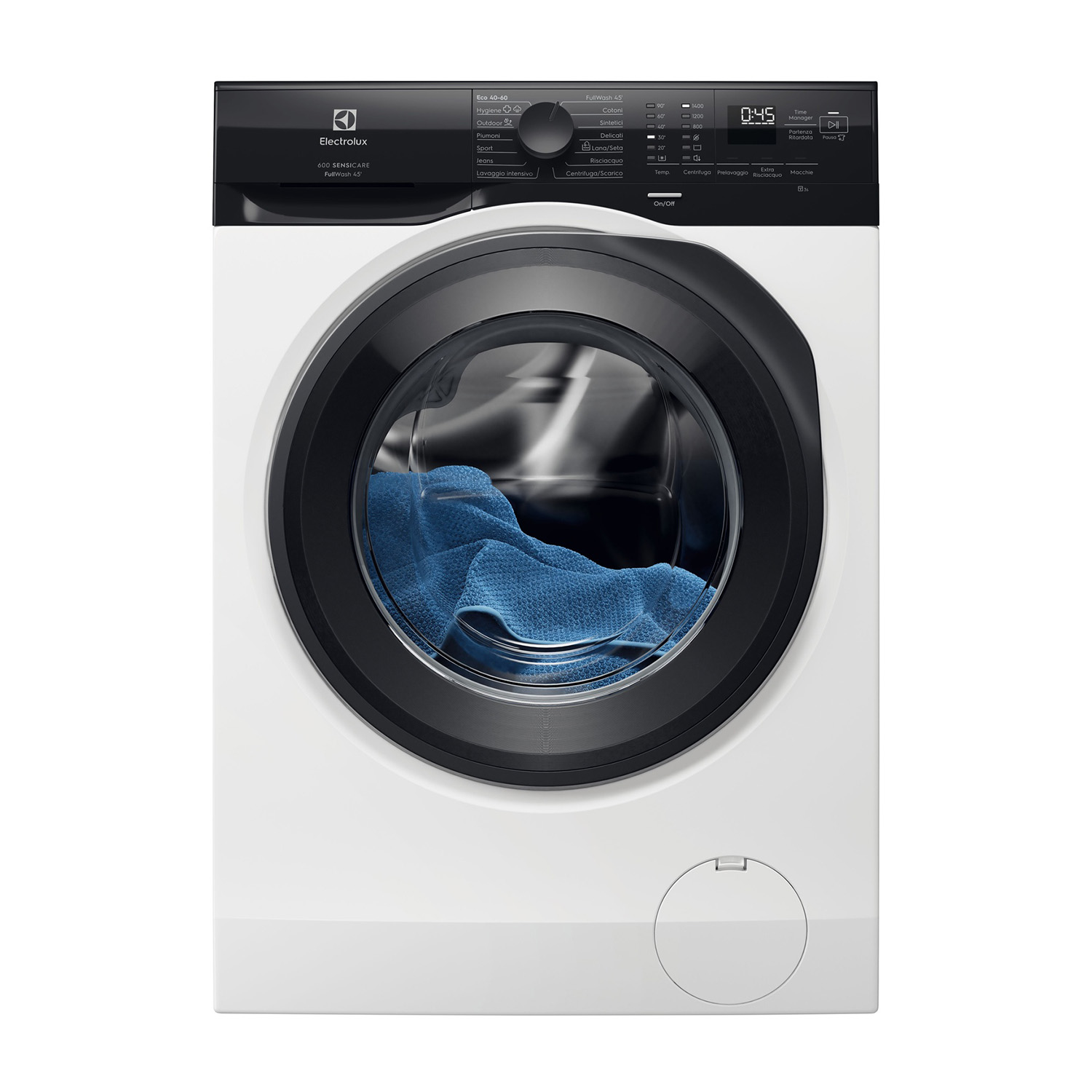 Una lavadora blanca con panel de control negro y puerta redonda. Se ve ropa azul.