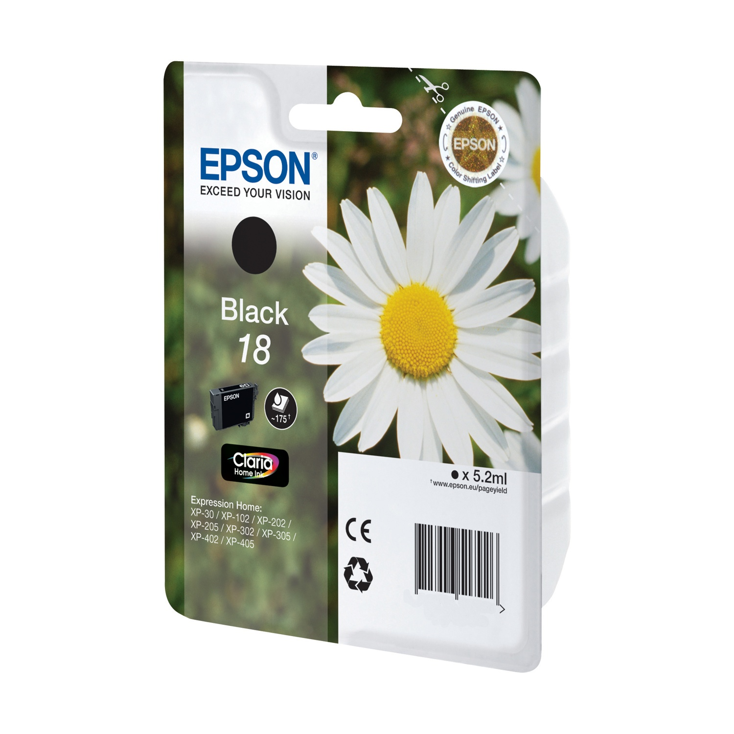 Cartuccia d'inchiostro Epson Nero 18 con disegno margherita e marchio CE.
