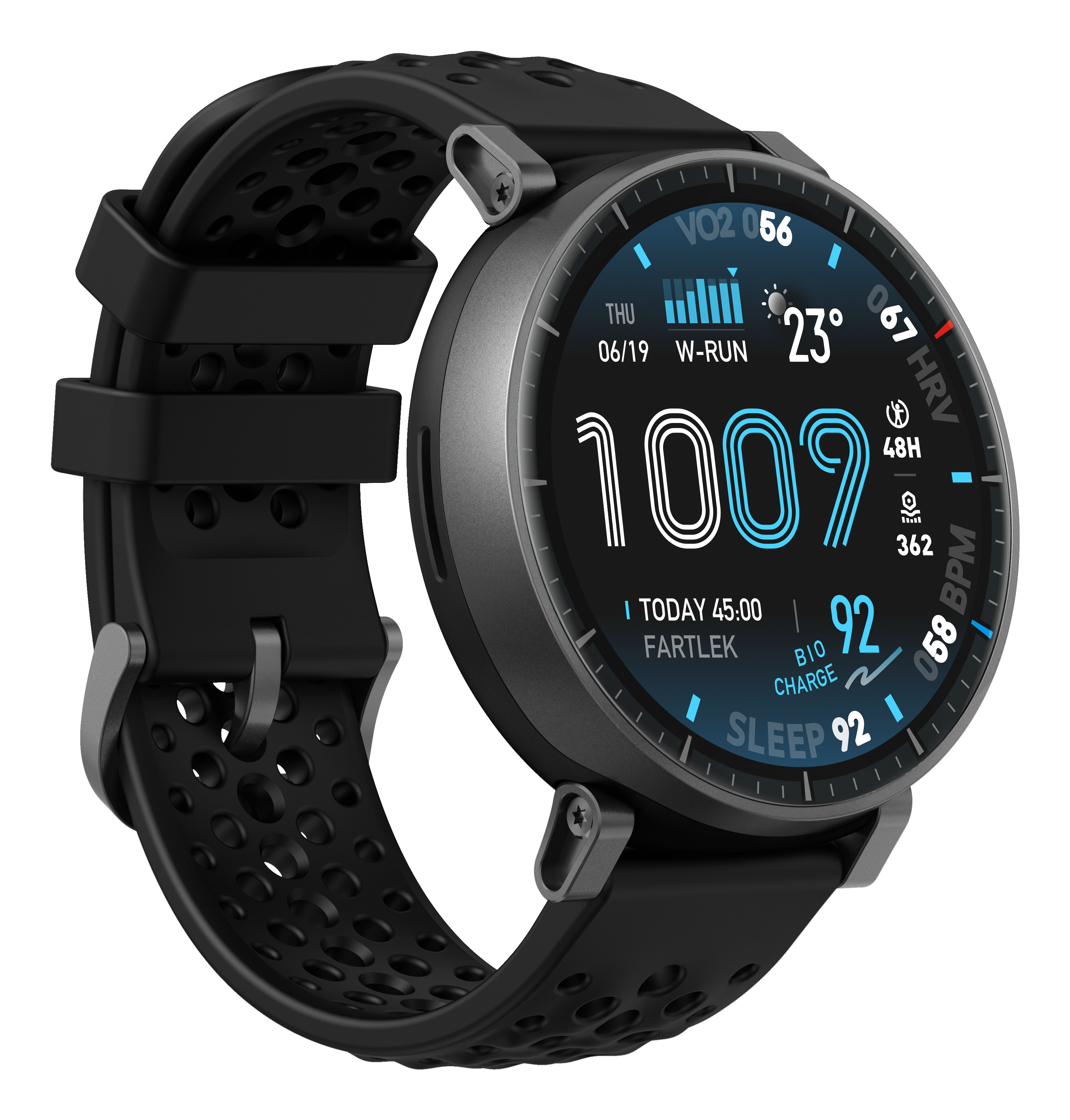 Schwarze Smartwatch mit Lochmusterarmband und detailliertem Zifferblatt.
