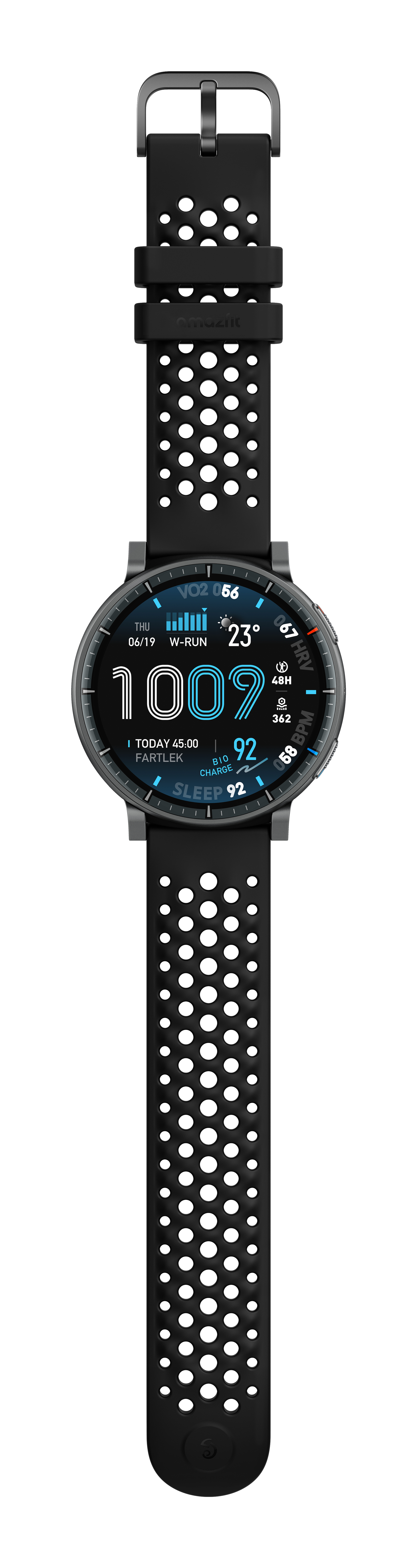 Schwarze Smartwatch mit Lochmusterarmband und digitalem Display mit Aktivitätsdaten.