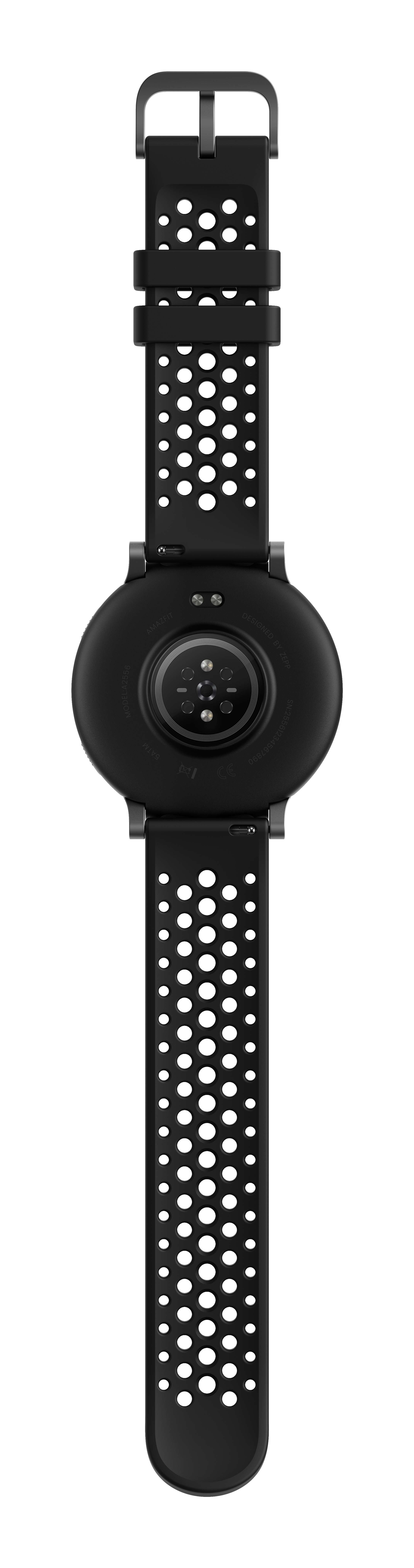 Schwarzes Smartwatch-Armband mit Perforation und Rückseite mit Sensoren.