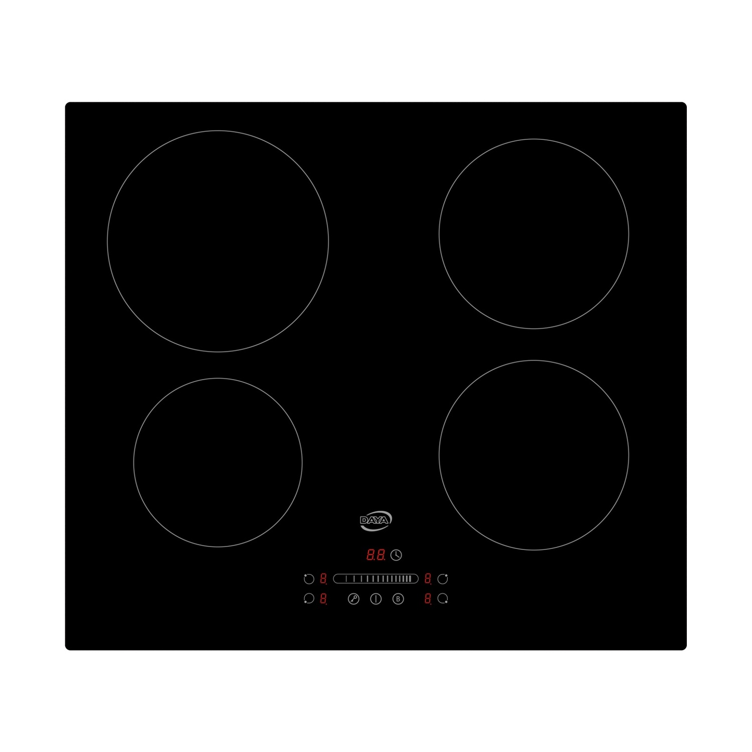 Czarna płyta ceramiczna z czterema strefami gotowania i cyfrowym wyświetlaczem.