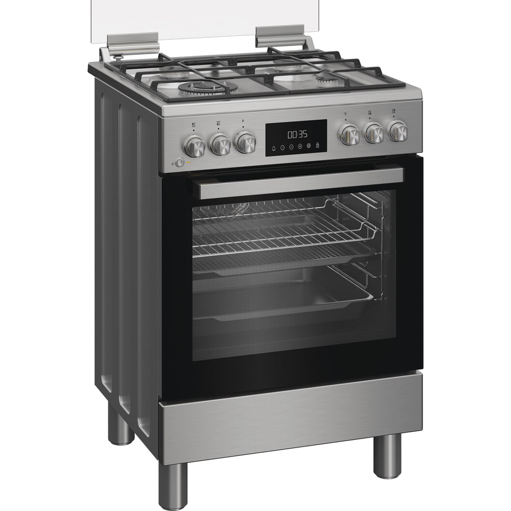 Fornello moderno in acciaio inox con piano cottura in vetroceramica, display digitale.