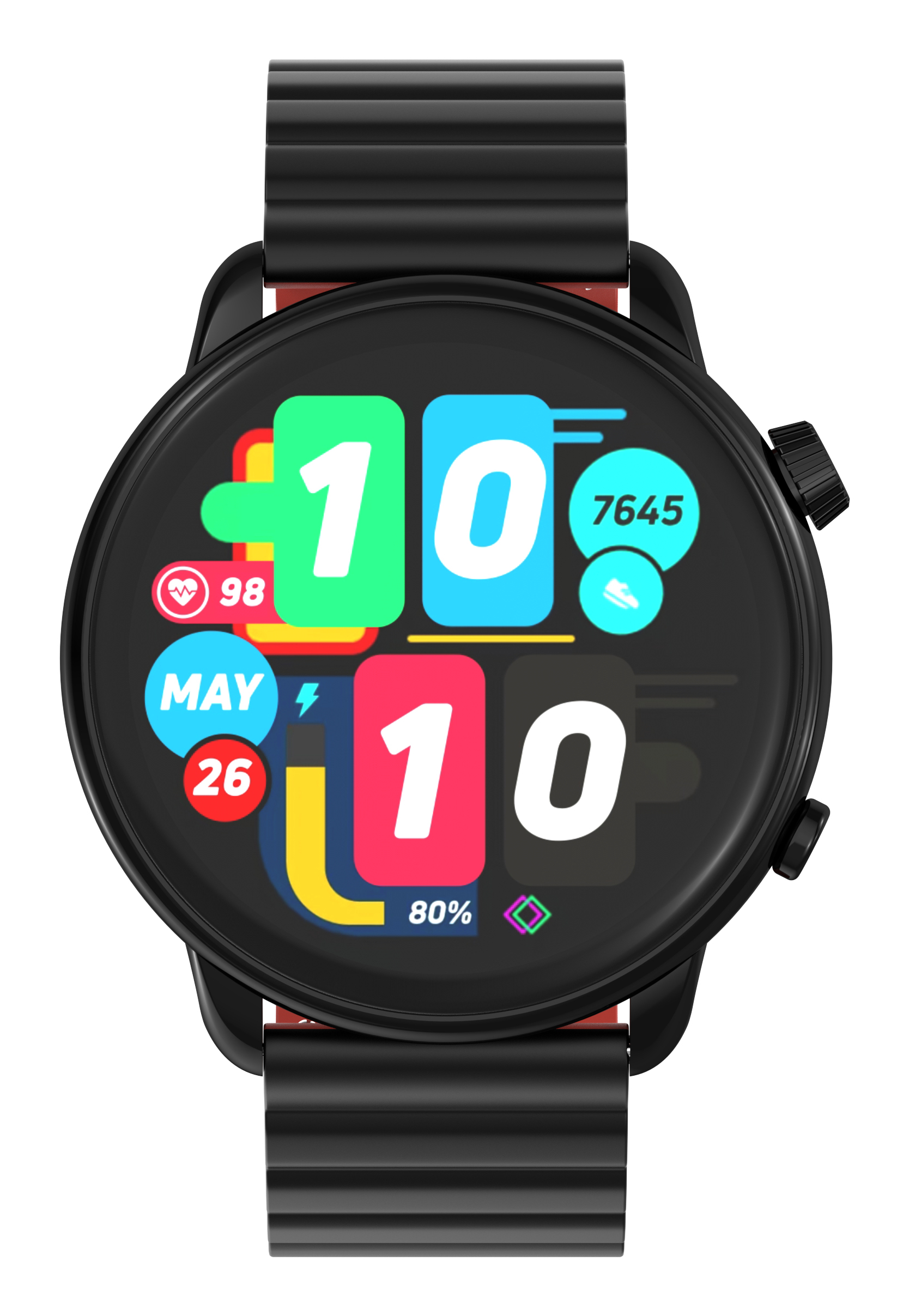 Smartwatch nero con quadrante rotondo che mostra tessere colorate: ora, battito cardiaco, data, passi e batteria.