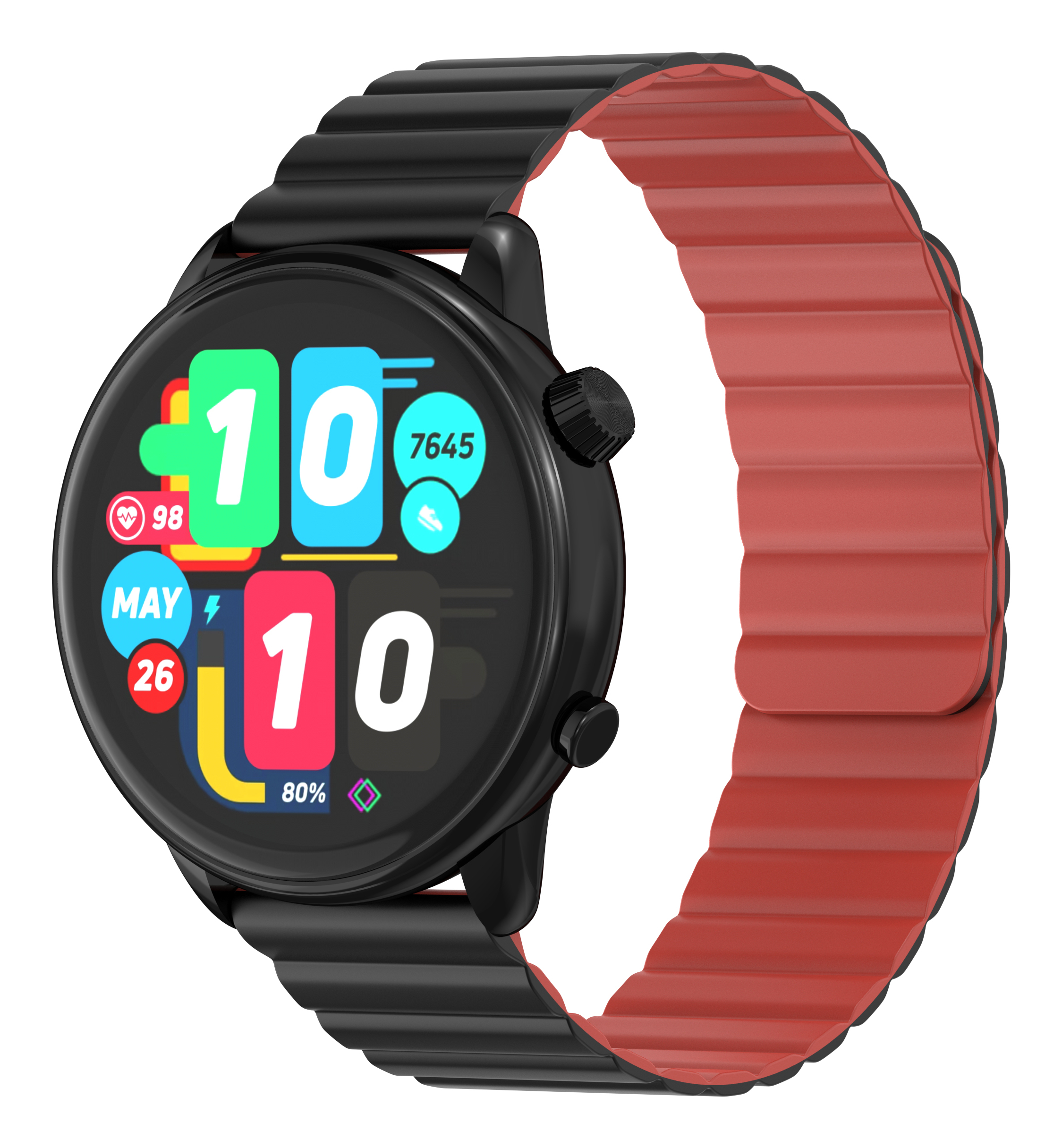 Uno smartwatch nero con cinturino rosso mostra ora e dati sanitari.