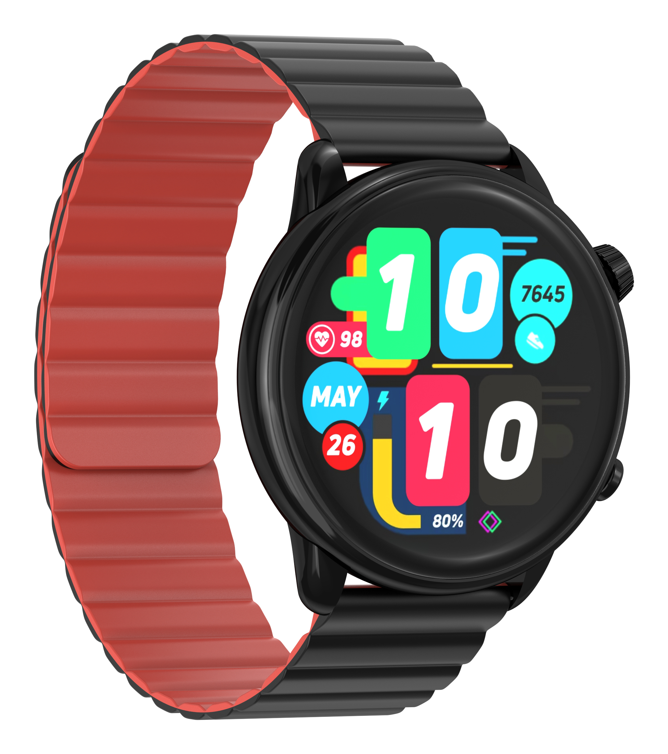 Uno smartwatch nero con cinturino rosso, mostra ora 10:10, battito cardiaco 98, 26 maggio.