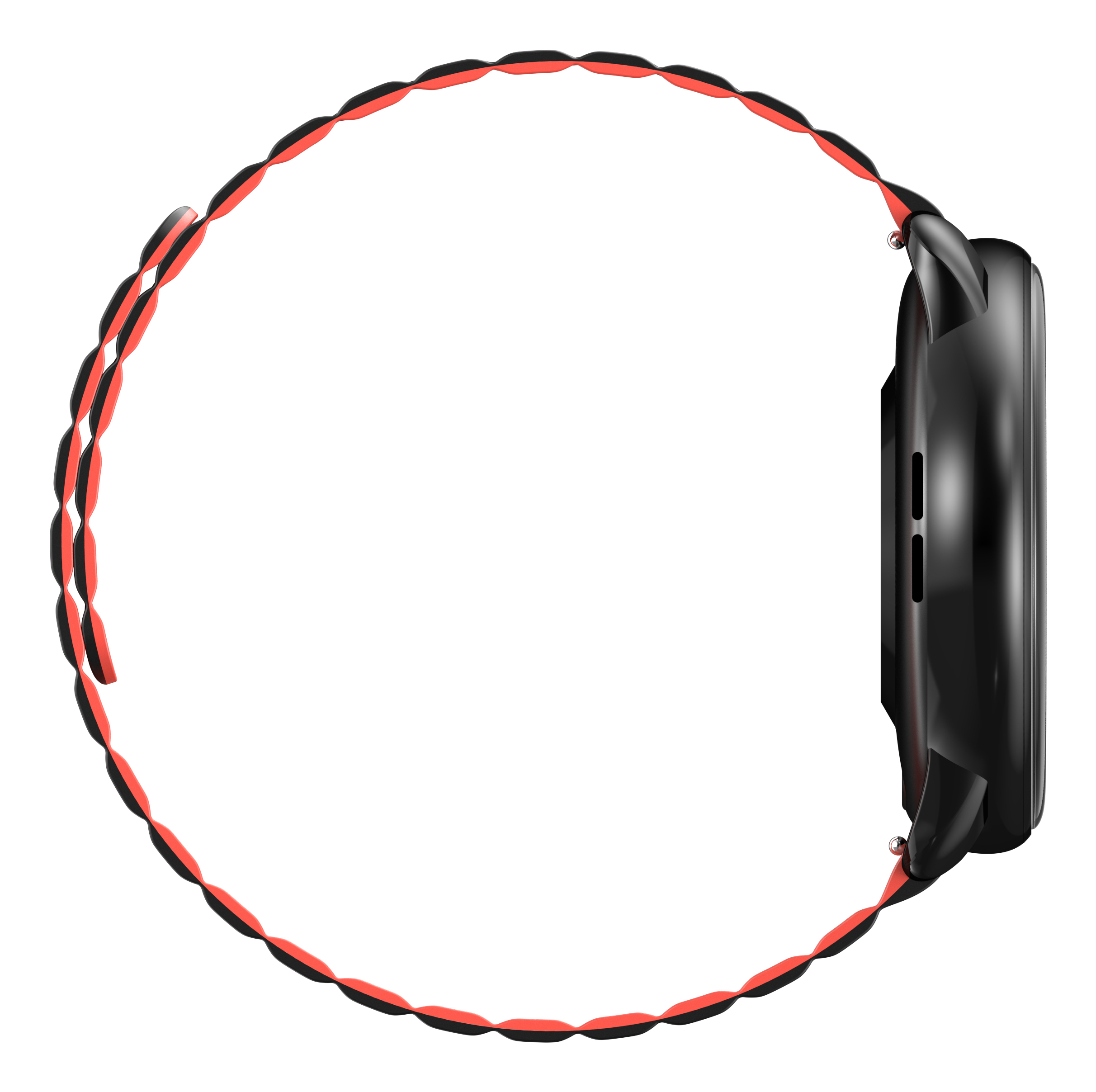 Smartwatch nero con cinturino rosso e nero intrecciato su sfondo bianco.