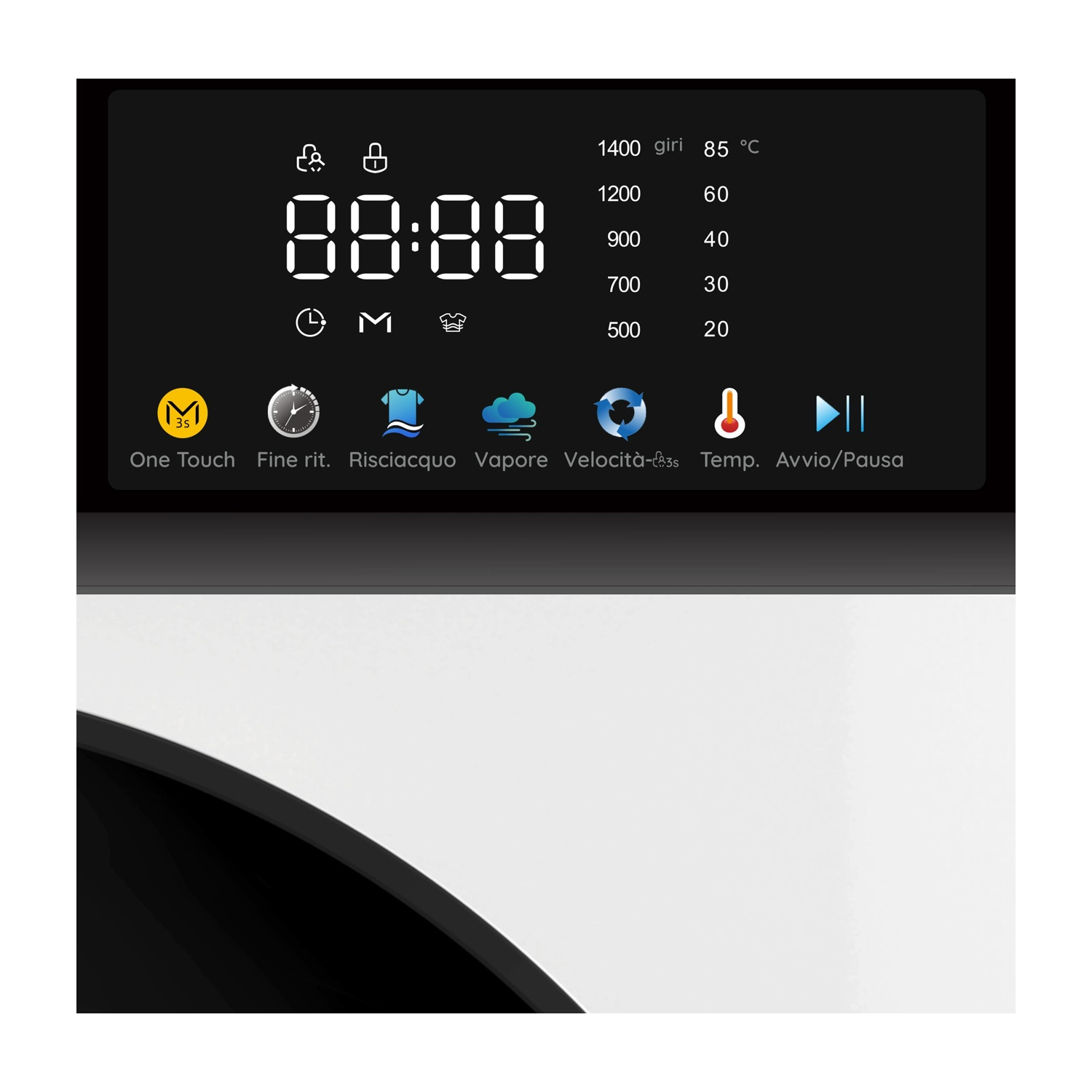 Display lavatrice: ora, giri, temperatura e programmi.